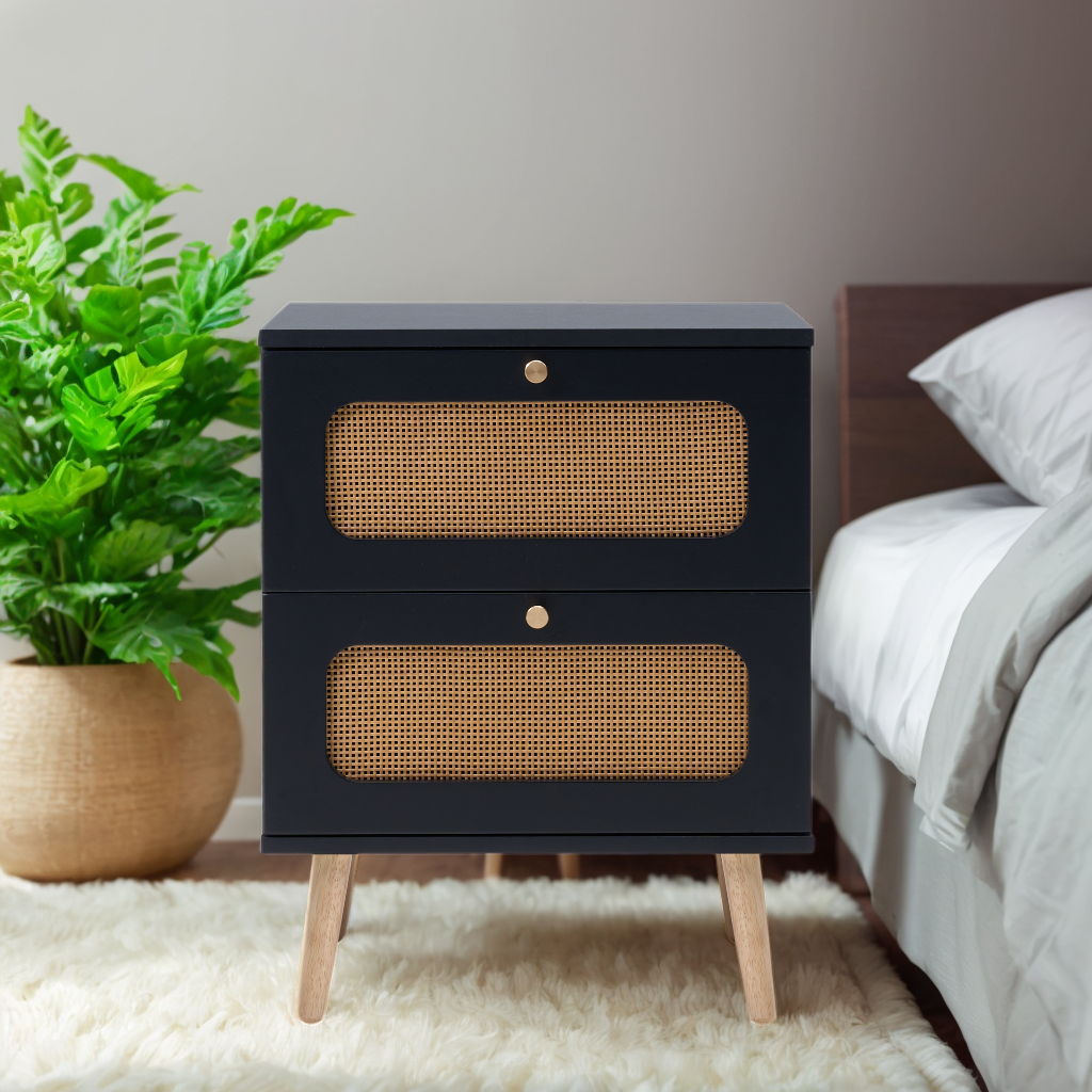 2 Drawer Rattan Nightstand For Bedroom And Living Room, End Table, Side Table With 2 Hand Made Rattan Decorated Drawers - Black - Best Buy Furniture
