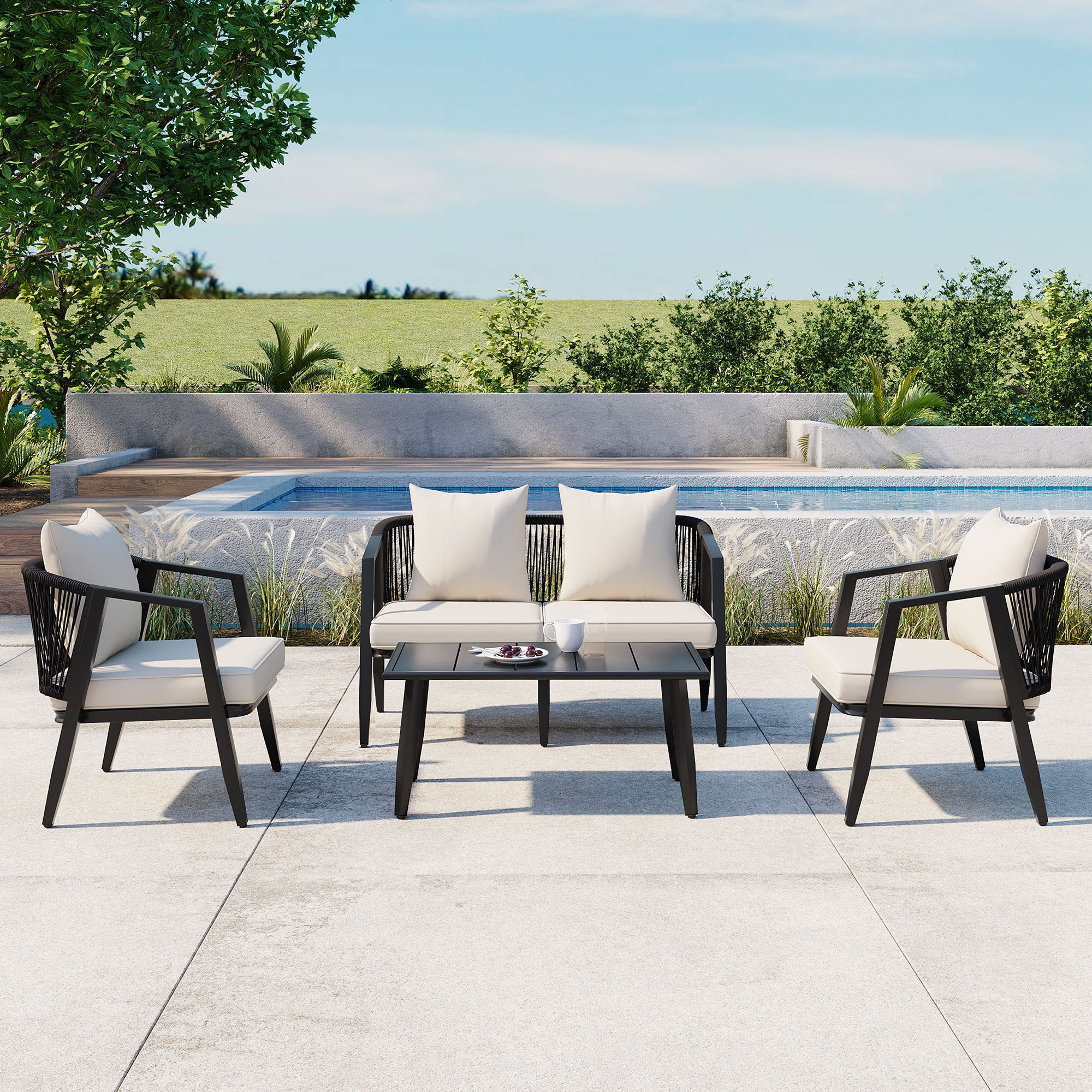Santorini 4-Piece Outdoor Set in Black with Cream Performance Cushions - Best Buy Furniture