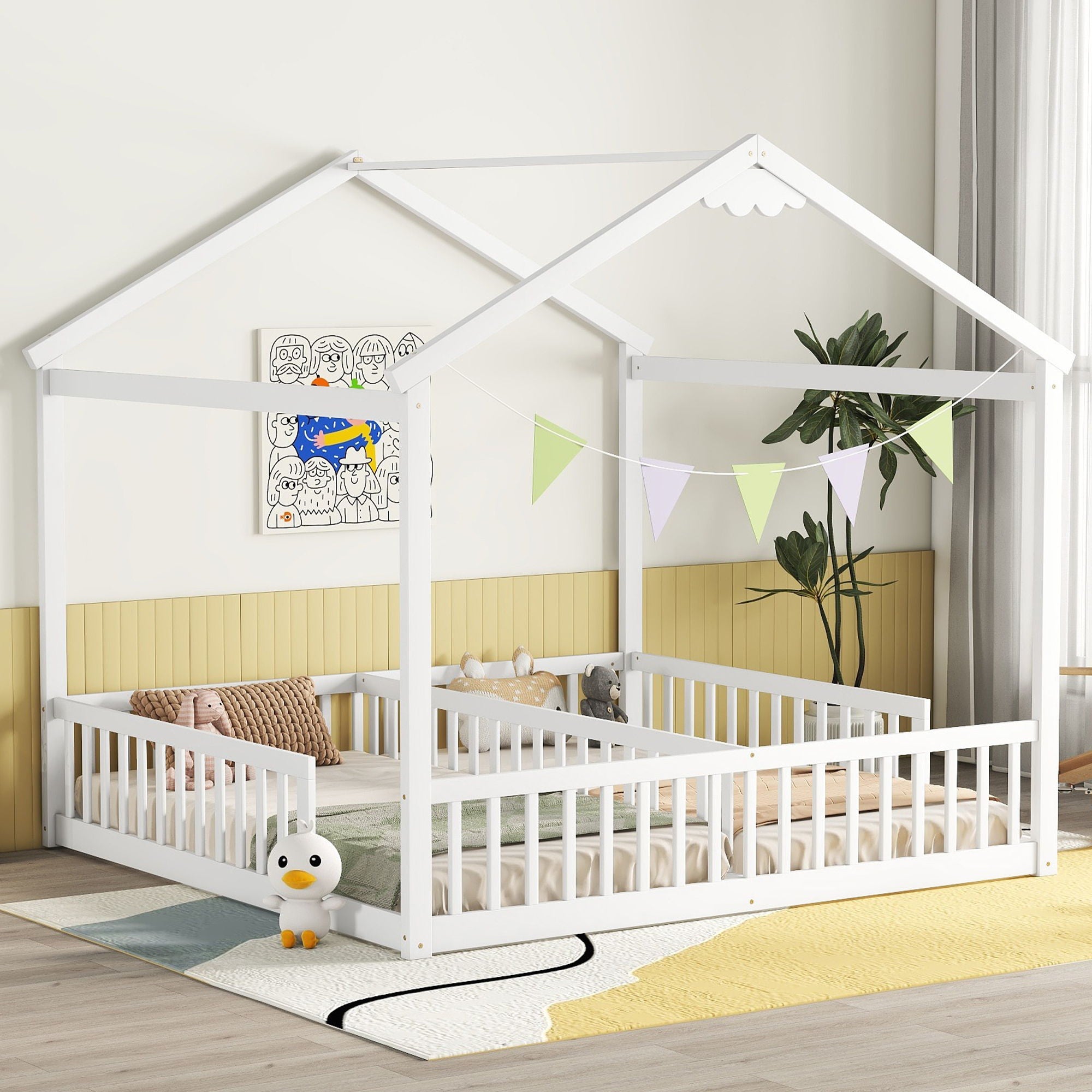 Double Twin House-Style Floor Bed With Fence, Guardrails, Without Door - Best Buy Furniture