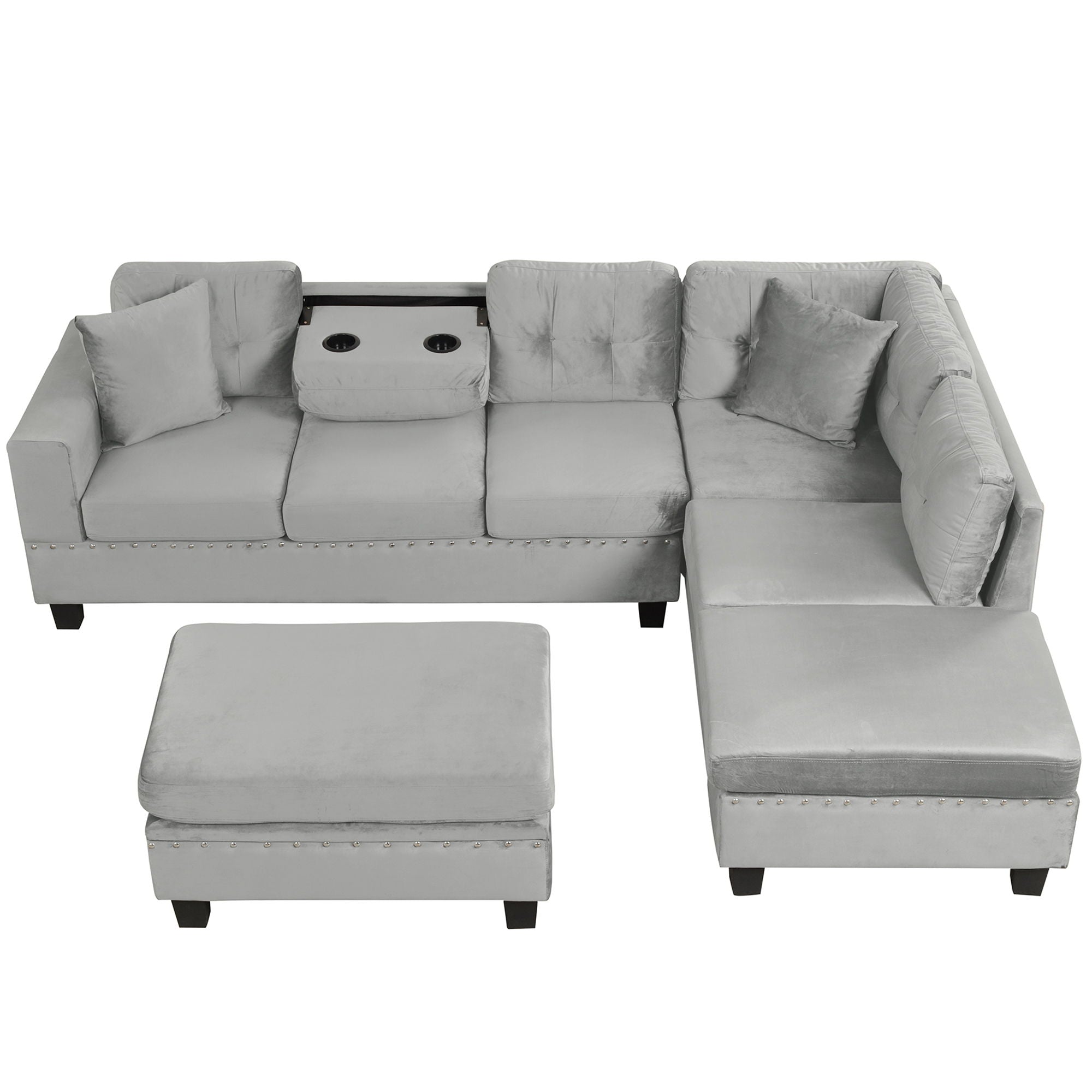 Modern Sectional Sofa With Storage Ottoman, L - Shape Couch With 2 Pillows And Cup Holders - Best Buy Furniture