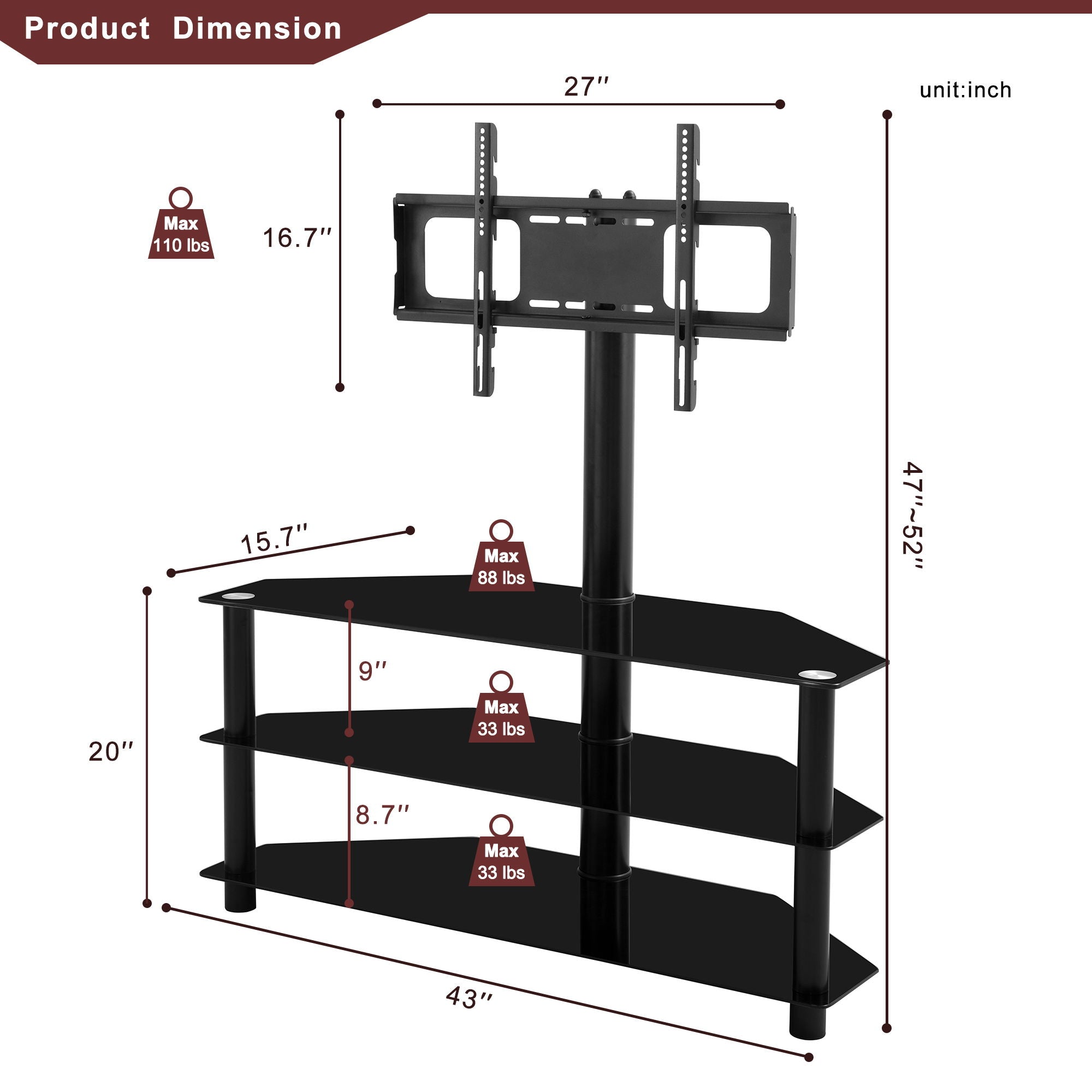 43.3" Multi-Function TV Stand Height Adjustable Bracket Swivel 3 Tier - Black - Best Buy Furniture