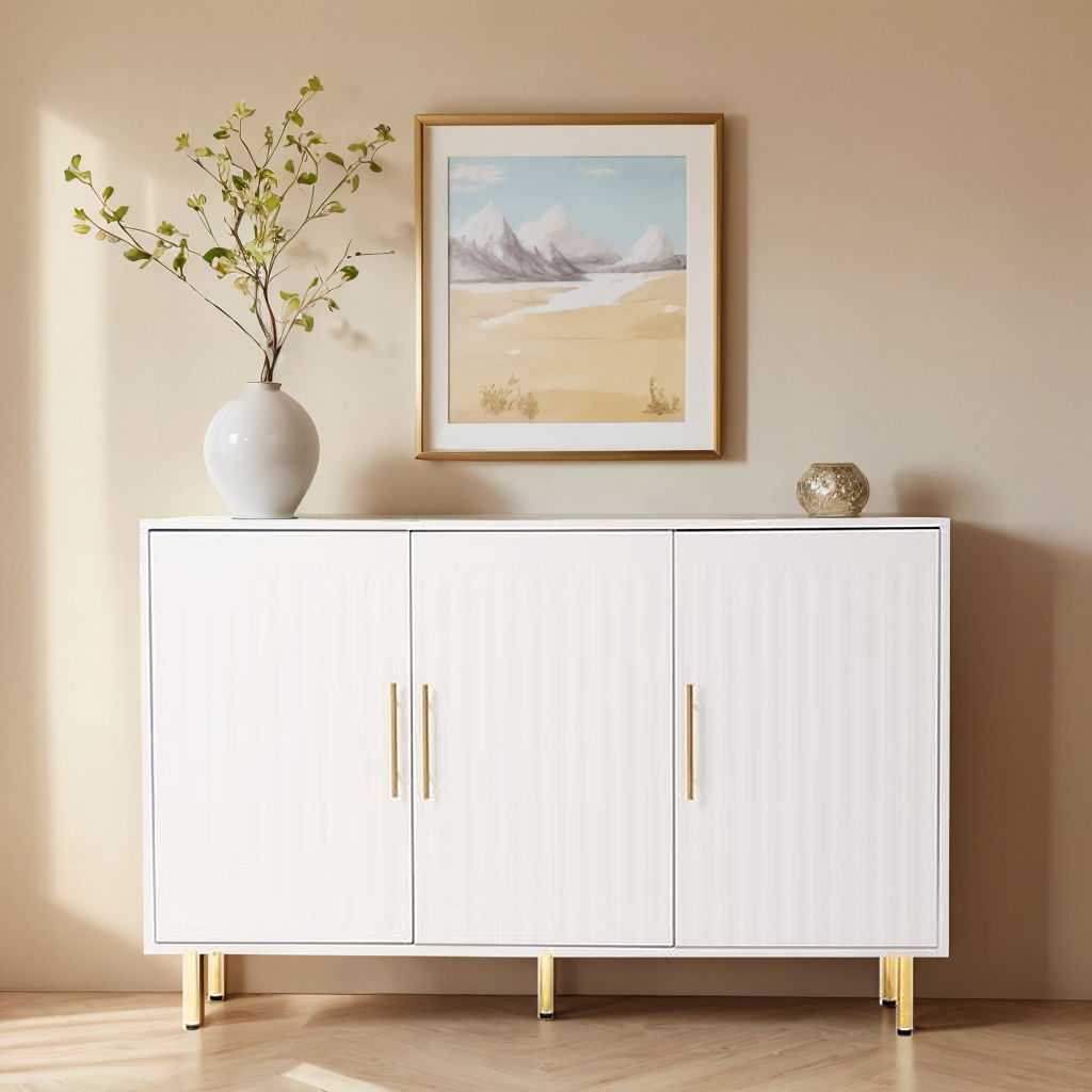 3 Door Large Storage Sideboard With Handles For Kitchen, Dining Room And Living Room, Accent Buffet Cabinet, Coffee Bar Sideboard Cabinet With 3 Doors - White / Gold - Best Buy Furniture