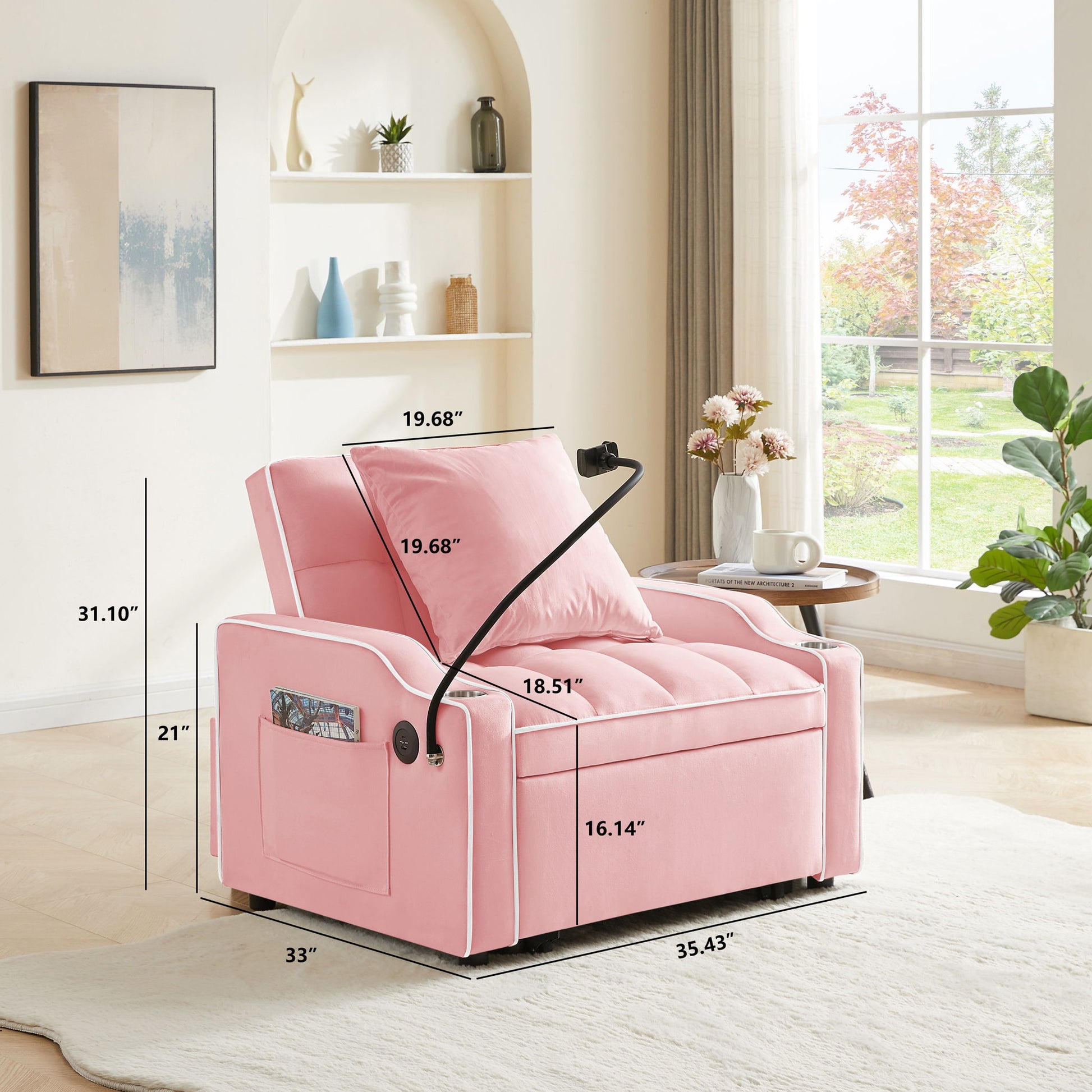 Convertible Velvet 3 In 1 Sofa Bed With Adjustable Sleeper Chair And Multi Pockets - Best Buy Furniture