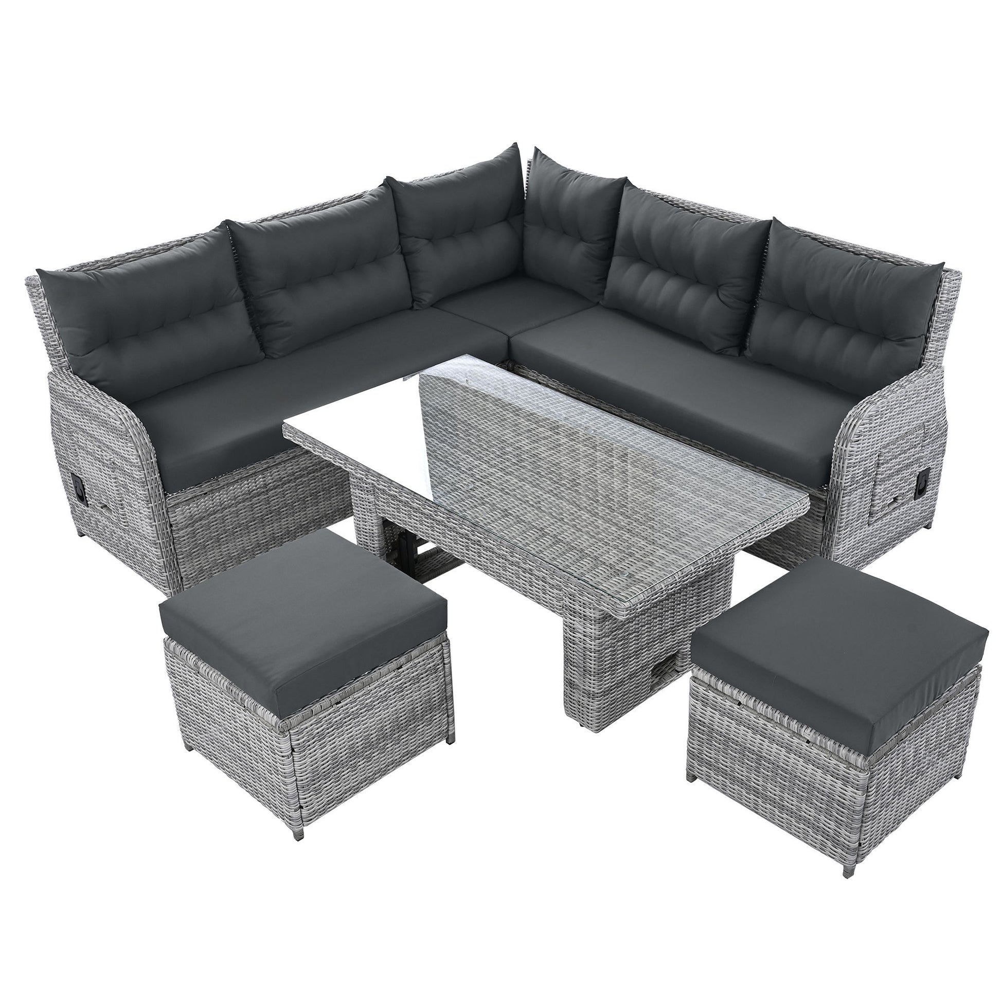 Outdoor Furniture Set Patio Rattan Furniture Set With Adjustable Table, Recliners With Extendable Side Tables And 2 Ottomans - Best Buy Furniture