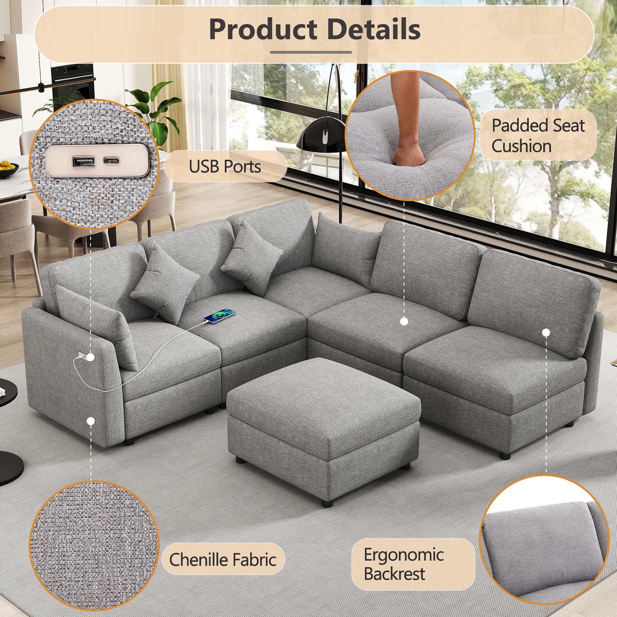 Sectional Sofa Modular Sofa U - Shaped Sofa Couch Sofa Bed L - Shaped Sofa With A Movable Ottoman And Two USB Ports For Living Room - Best Buy Furniture