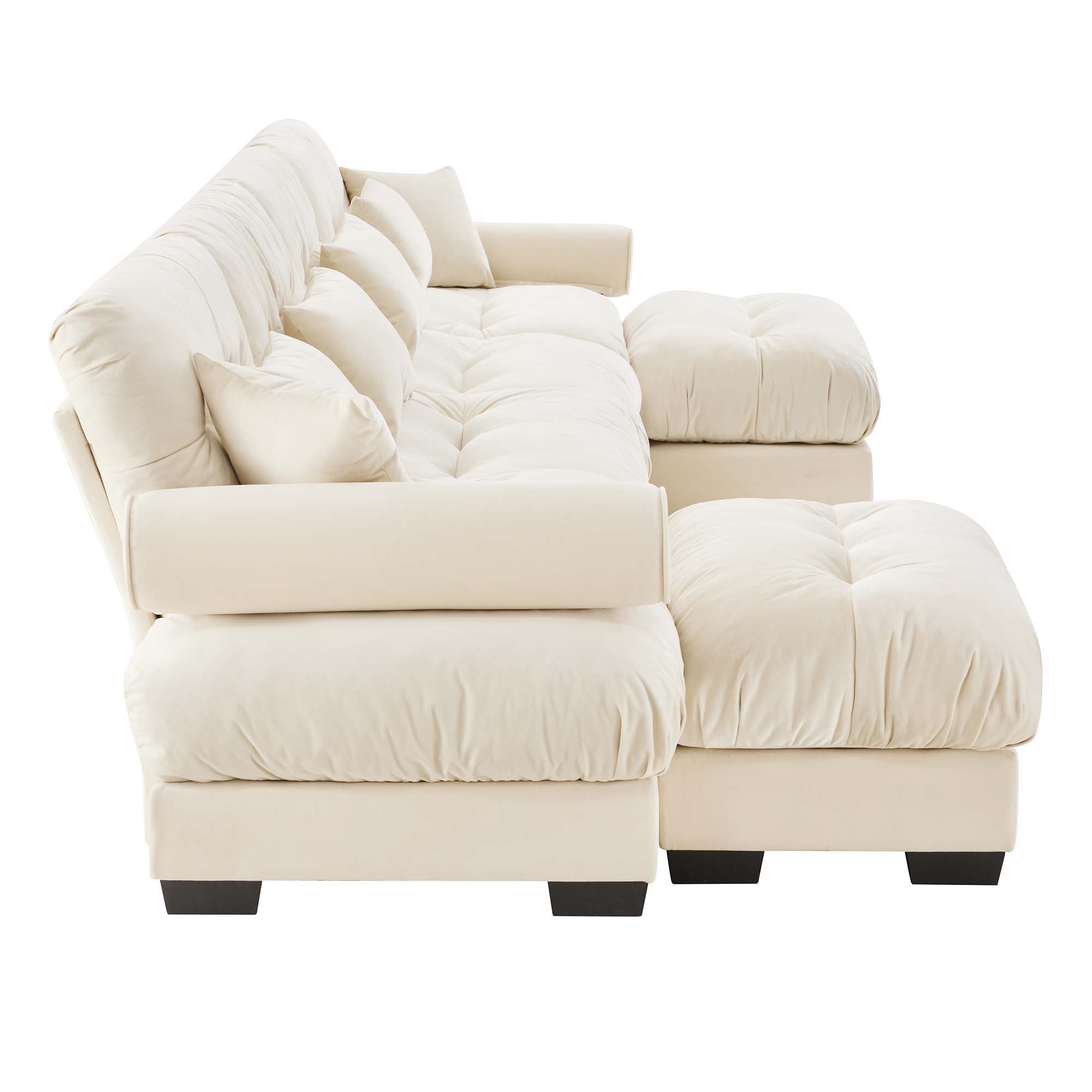 Modern Sectional Sofa With Ottoman, Round Bolster Armrests, Waist And Throw Pillows