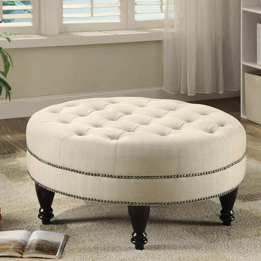 Elchin - Round Upholstered Tufted Ottoman - Oatmeal - Best Buy Furniture