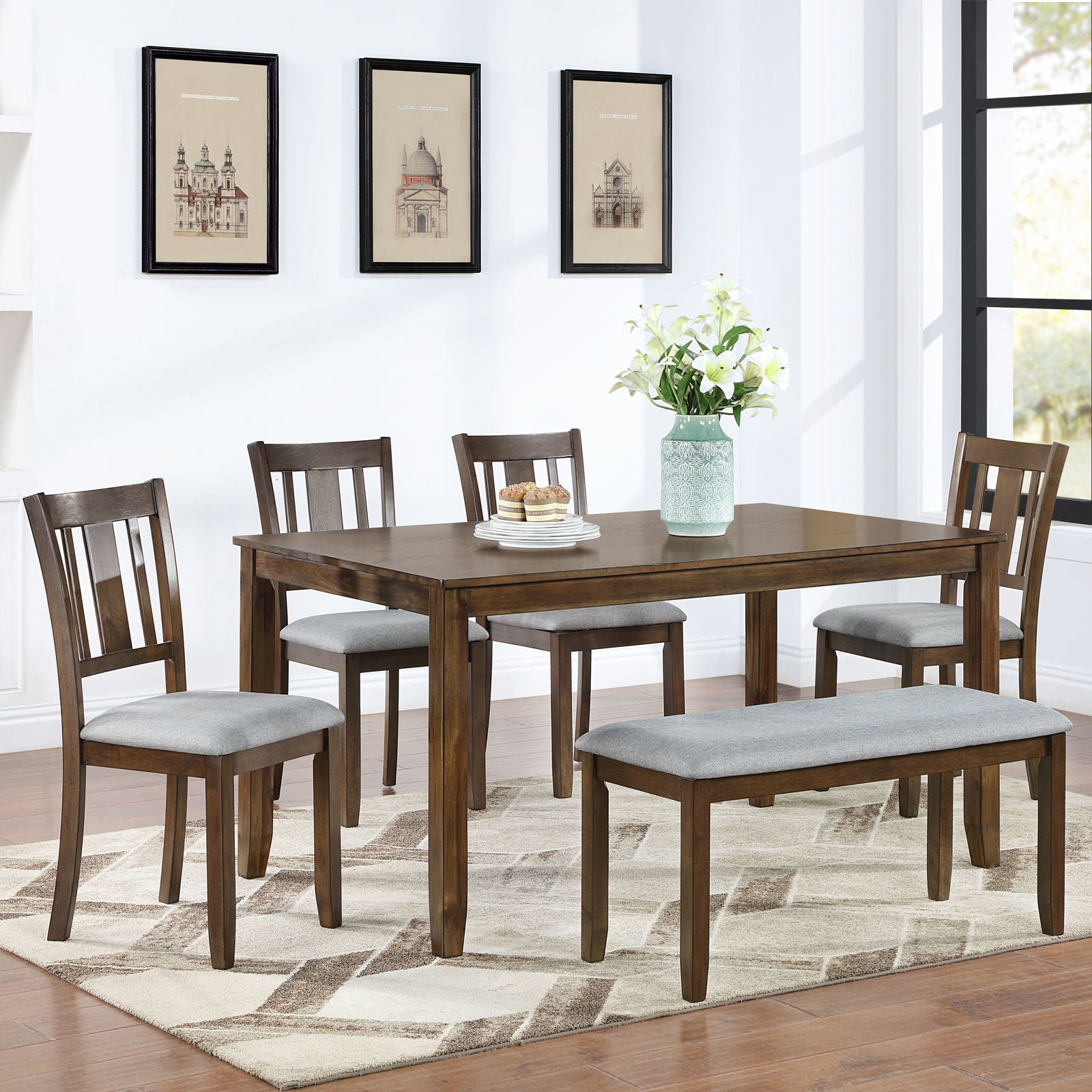6 Pieces Kitchen Dining Set, Rectangular Wooden Dining Table With 4 Upholstered Chairs And A Bench - Best Buy Furniture