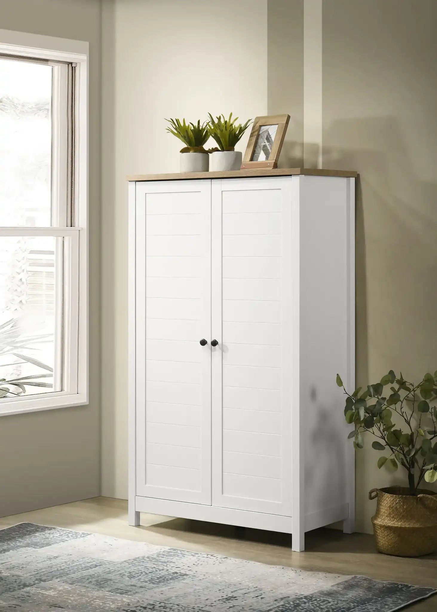 Claire - Storage Cabinet With Oak Accent Finish And Framed Slatted Panel Design - White - Best Buy Furniture