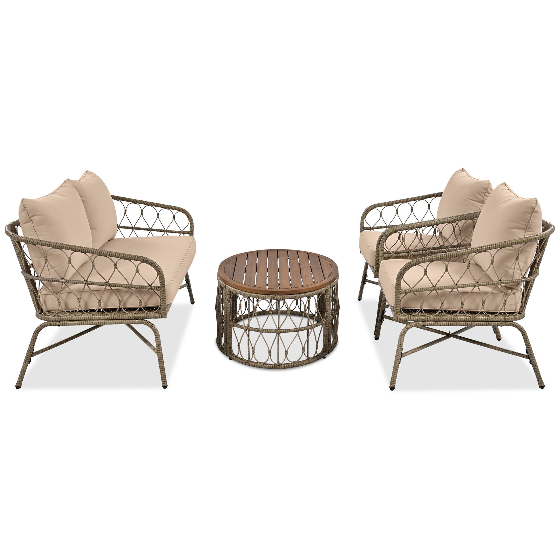 Bohemia-Inspired 4 Person Outdoor Seating Group With Removable Cushions, Conversation Patio Set With Wood Tabletop - Beige - Best Buy Furniture