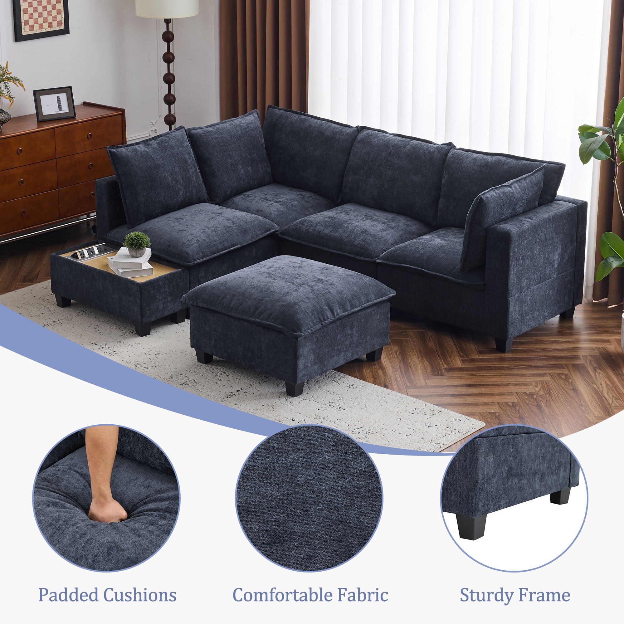 U-Shaped Sectional Modular Sofa With A Movable Ottoman, A Coffee Table With Hidden Charging Devices For Living Room - Best Buy Furniture