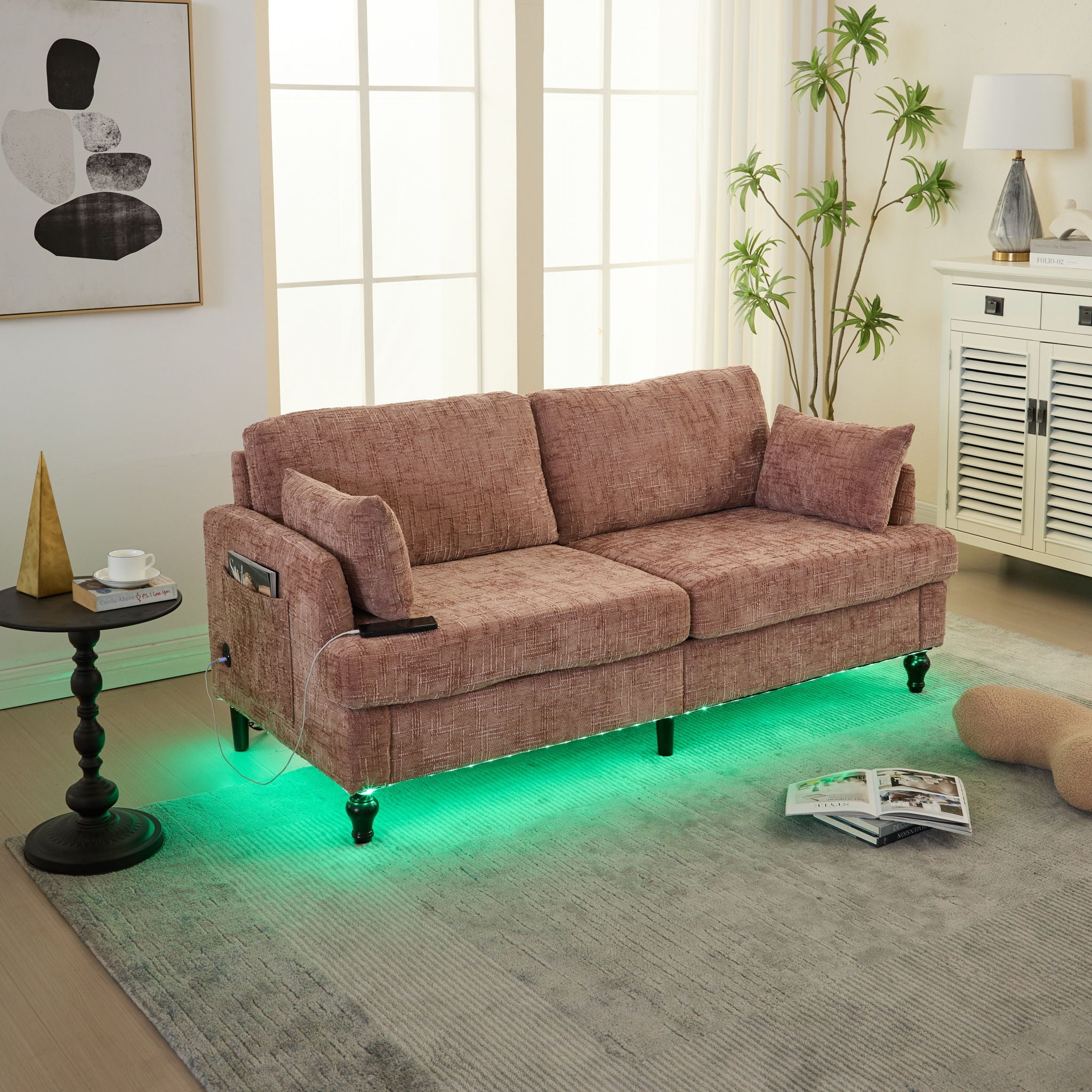 Chenille 2 Seater Sofa With LED Light, USB Charging Port, And Storage Bag - Best Buy Furniture