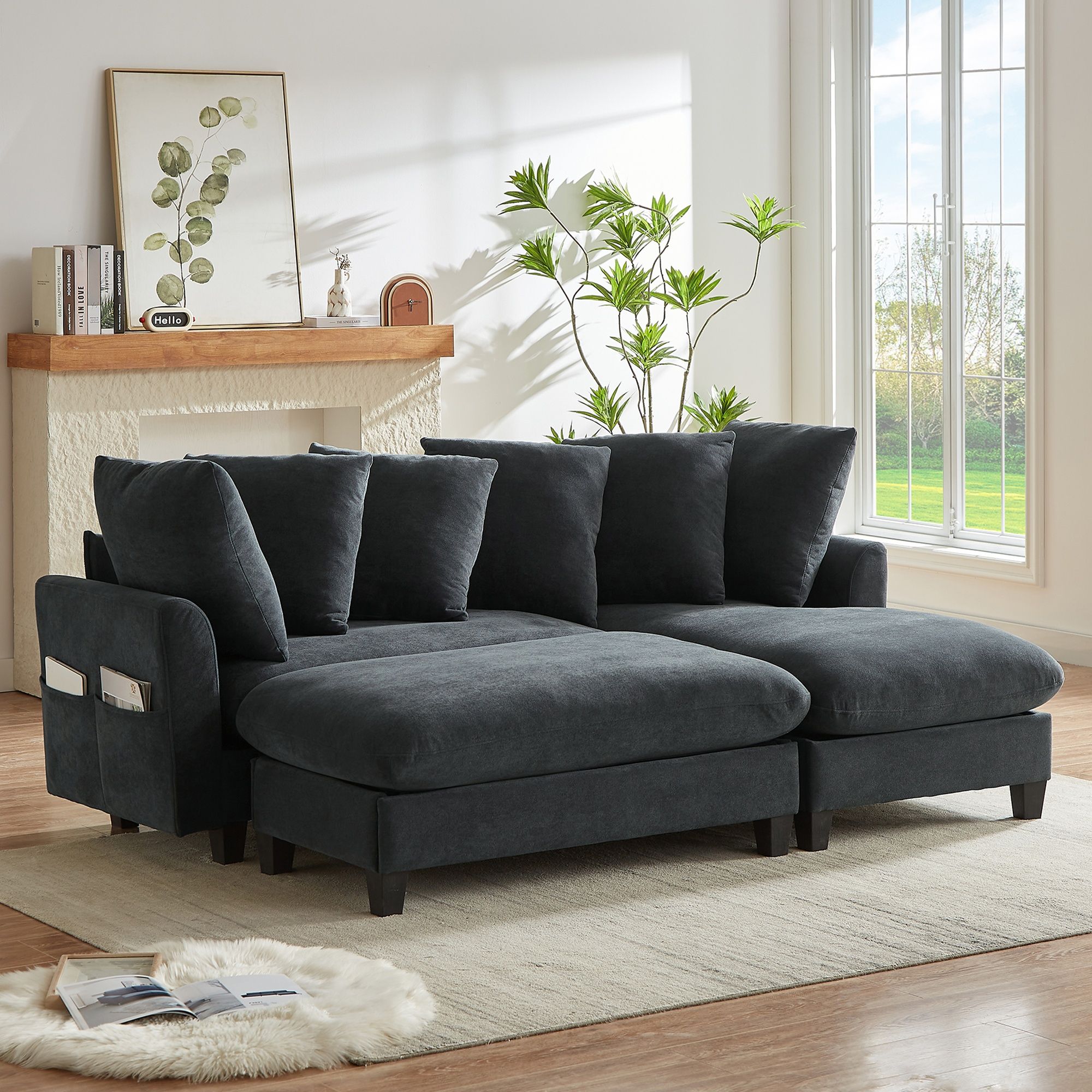 Upholstered L Shaped Sectional Sofa With Storage, Movable Ottoman, And 6 Throw Pillows - Best Buy Furniture