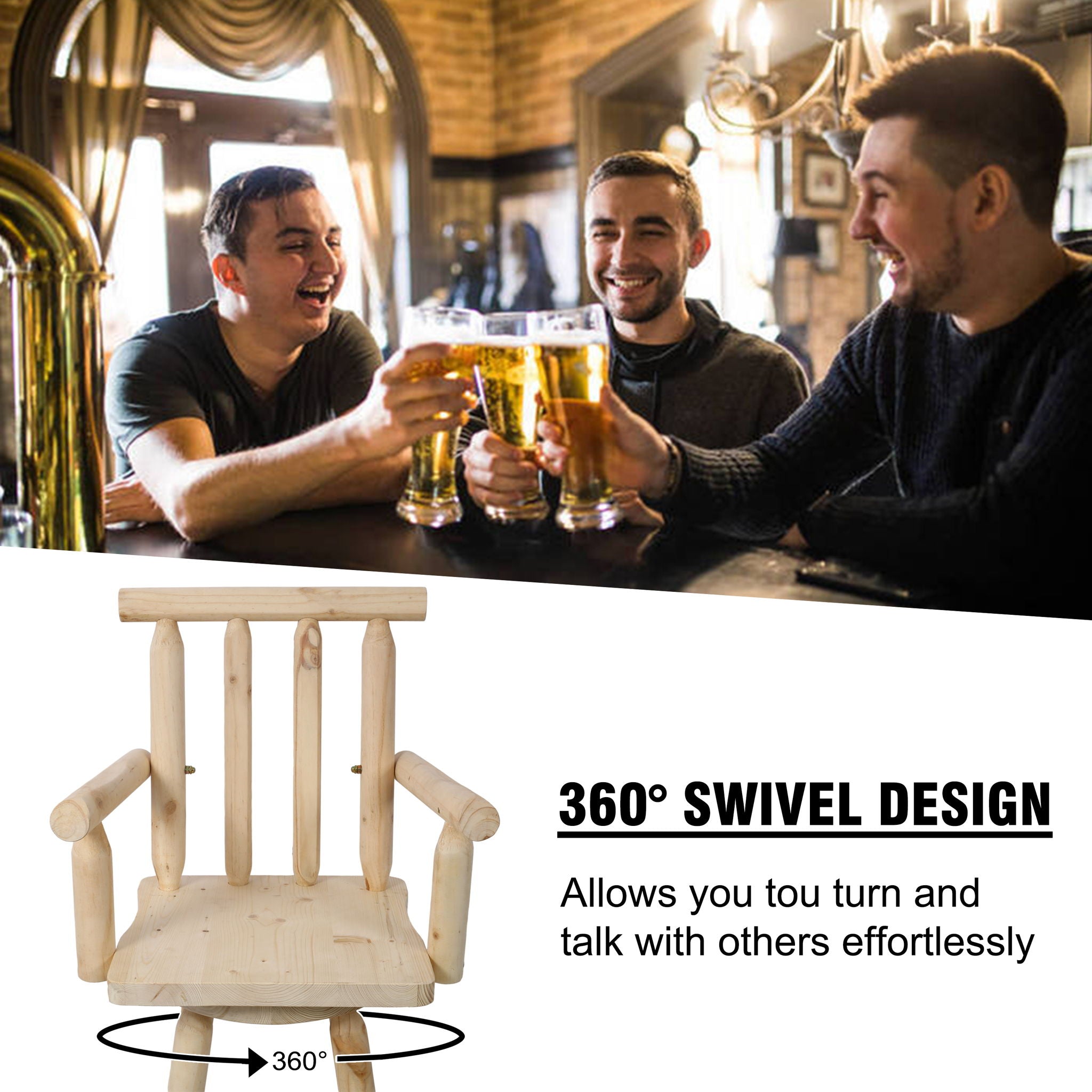 Rustic Bar Stool, Fir Wood Construction, Wide Armrest - Best Buy Furniture