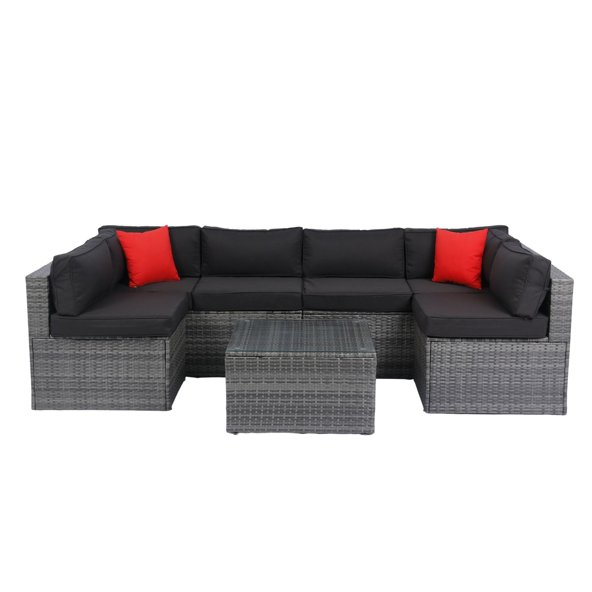 5 Pieces Rattan Sectional Outdoor Furniture Cushioned U Sof Set With 2 Pillow - Gray / Black - Best Buy Furniture