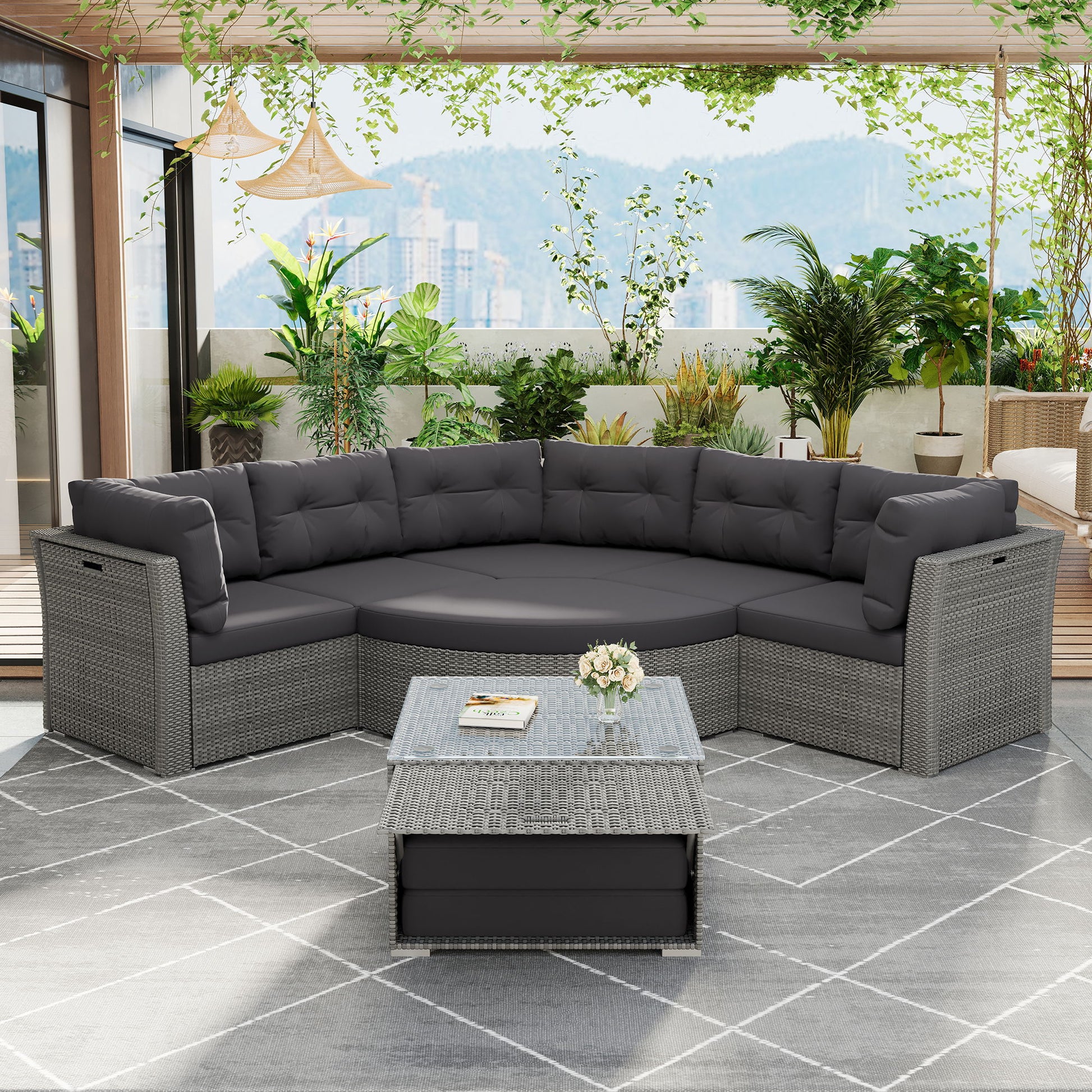 Elegant Patio Furniture Set Outdoor Daybed Rattan Sectional With Cushions And Center Table - Gray - Best Buy Furniture