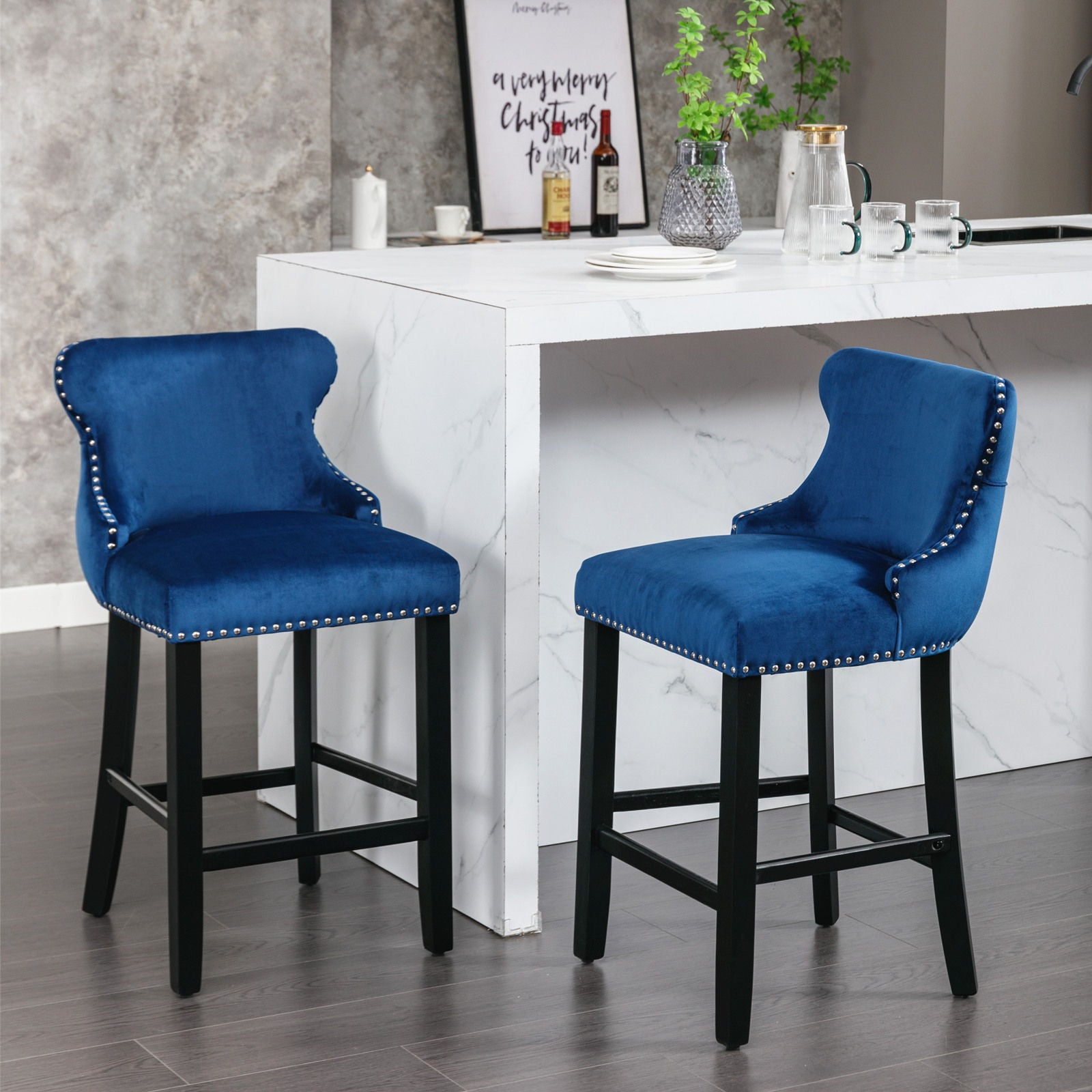 Contemporary Velvet Upholstered Wing-Back Barstools With Button Tufted Decoration And Wooden Legs, And Chrome Nailhead Trim, Leisure Style Bar Chairs, Bar Stools (Set of 2) - Best Buy Furniture