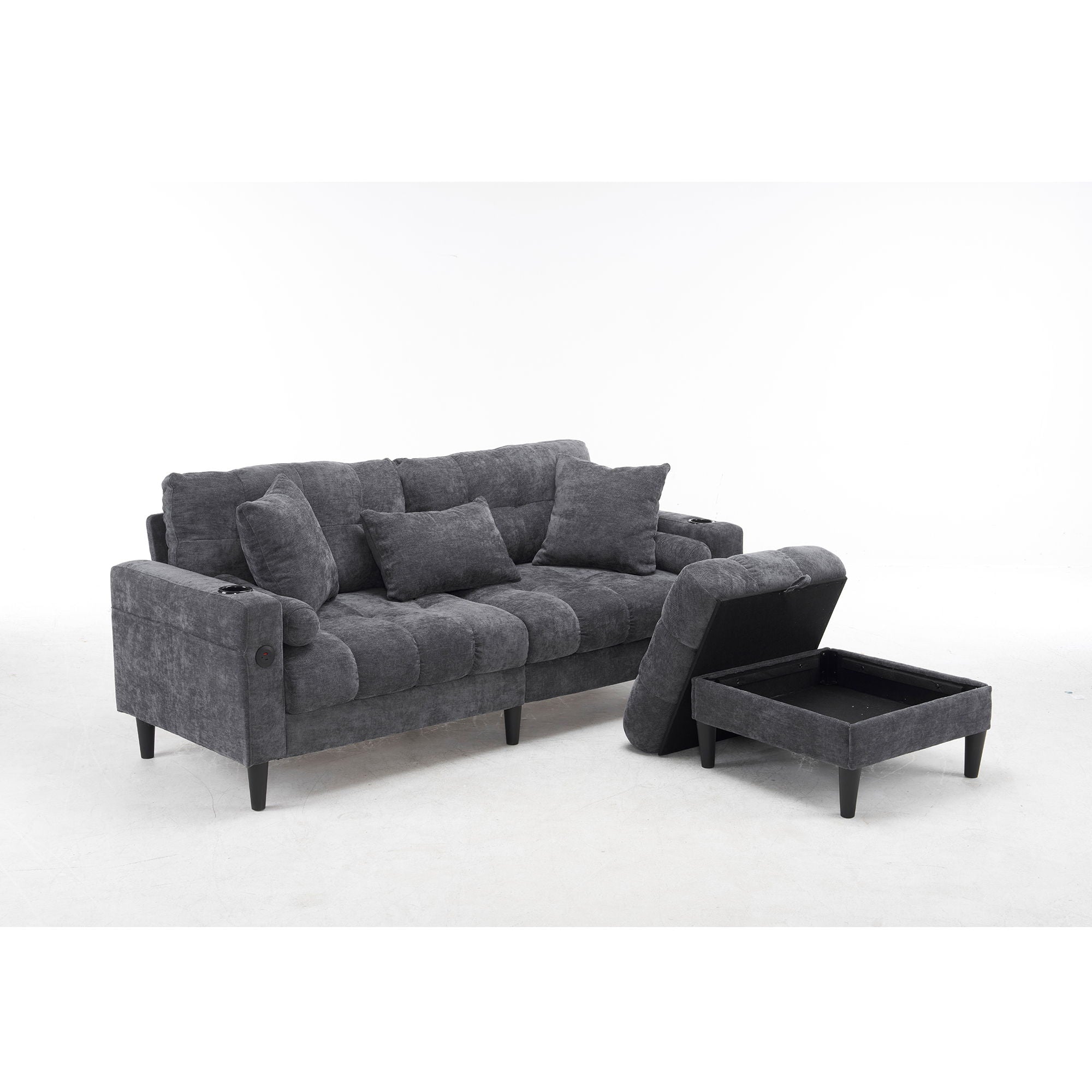 3 Seat L-Shaped Chenille Sofa With Removable And Storage Ottoman, Side Storage, And USB / C - Type Charging Ports Sofa For Living Room - Best Buy Furniture