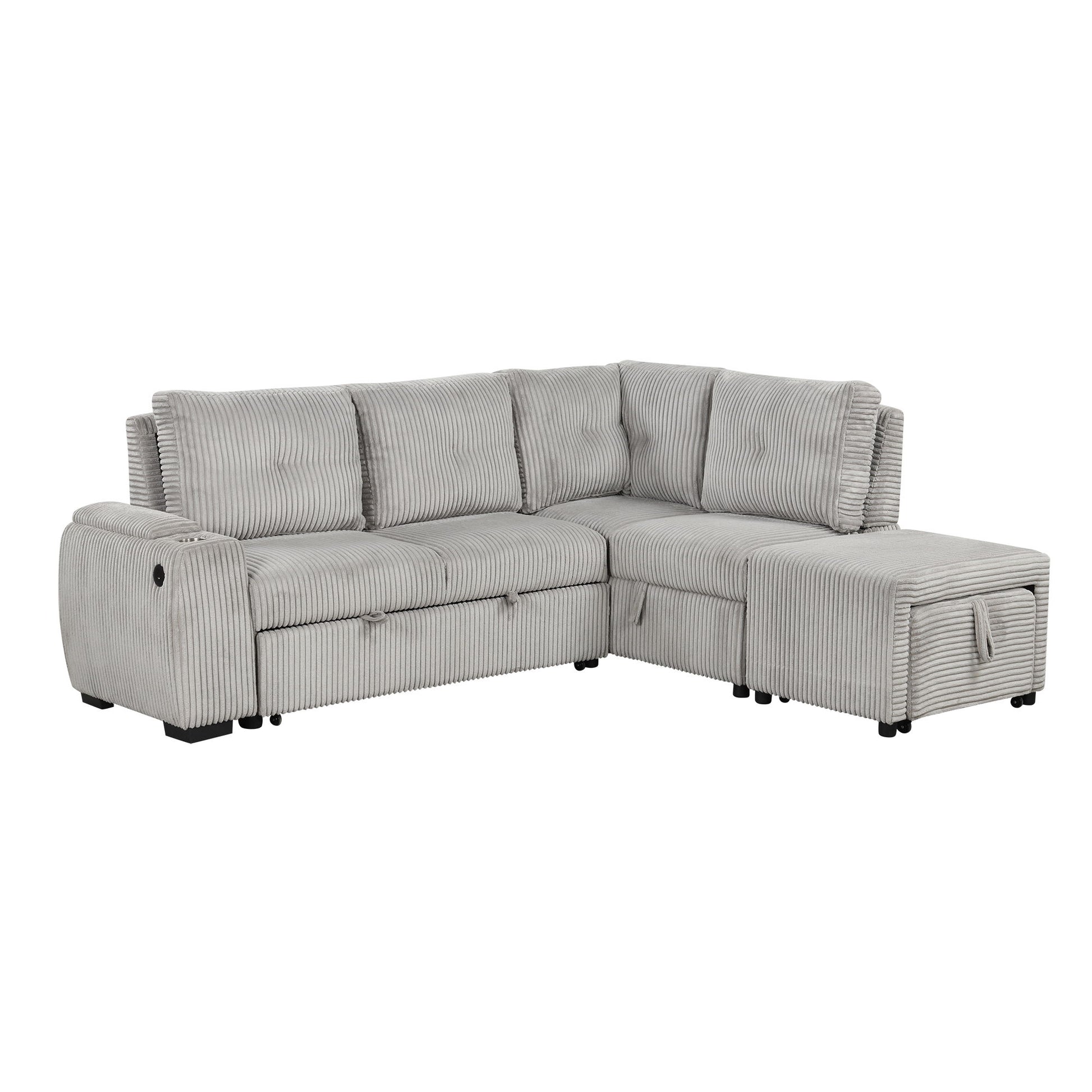 Pull-Out L-Shaped Sectional Sofa With Movable Ottoman And Stool, Large Storage Space, A Cup Holder, And 2 USB Ports For Living Room - Best Buy Furniture