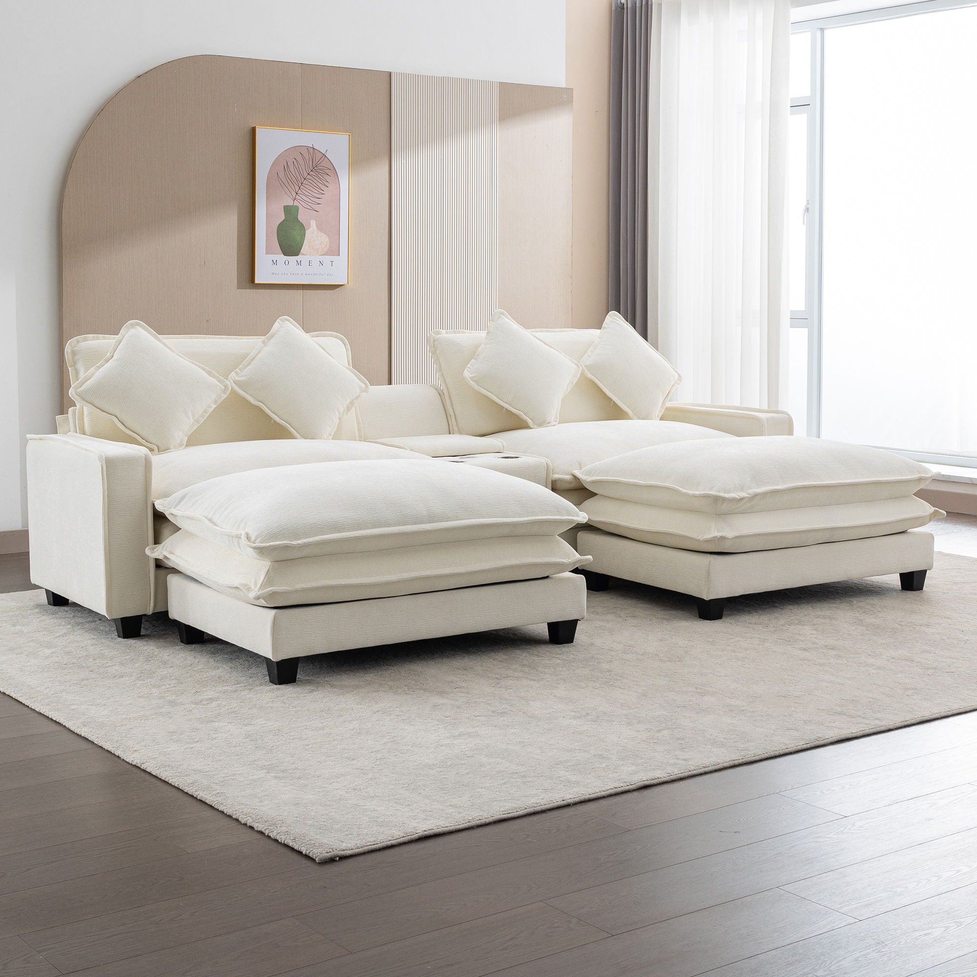 Sectional Sofa Chenille Upholstered Sofa With Two Removable Ottoman, Two USB Ports, Two Cup Holders And Large Storage Box For Living Room - Best Buy Furniture