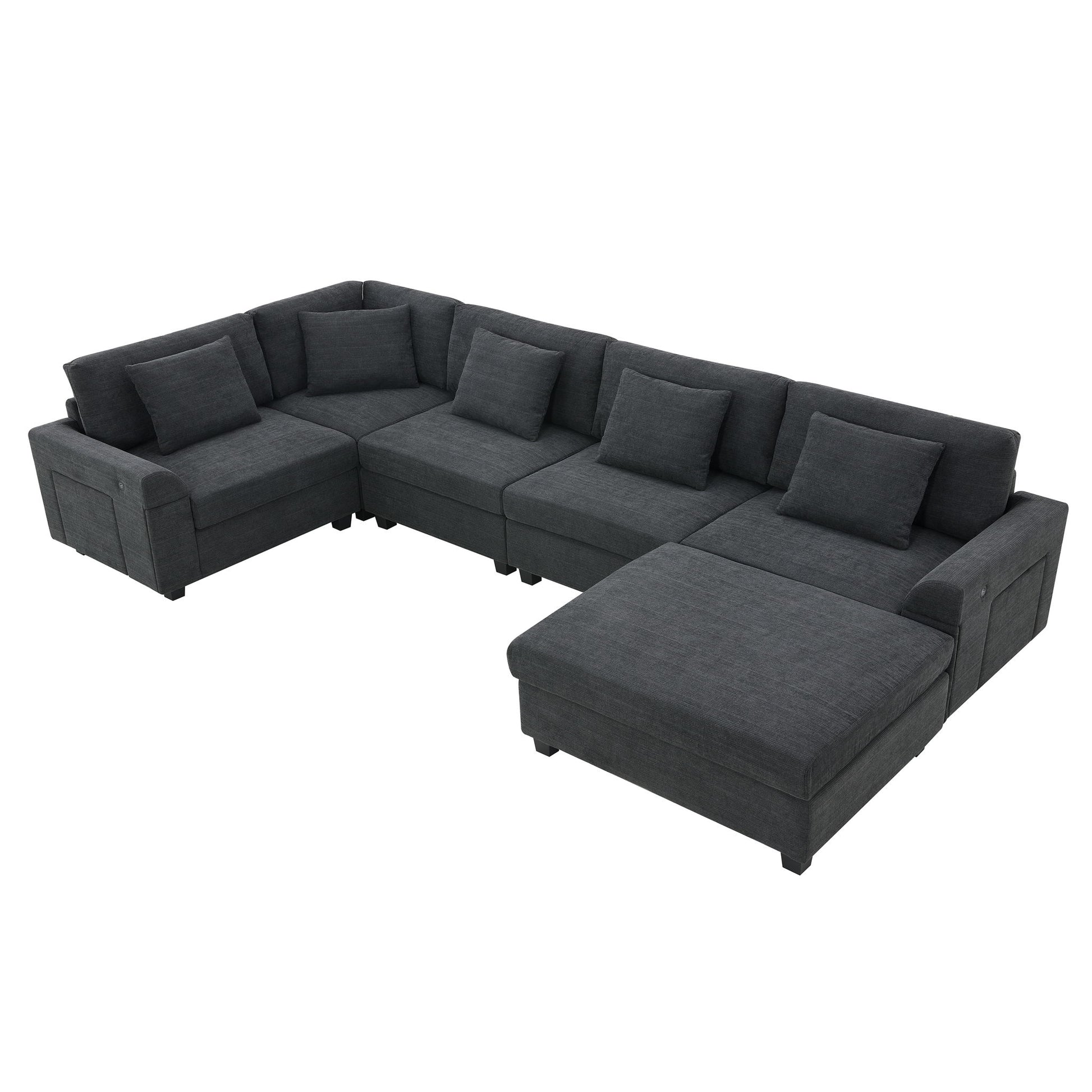 U Shaped Sectional Sofa 6 Seat Couch Set With Oversized Ottoman, Hidden Armrest Storage And Cup Holders USB Charging Ports Wide Seat Sofa - Best Buy Furniture