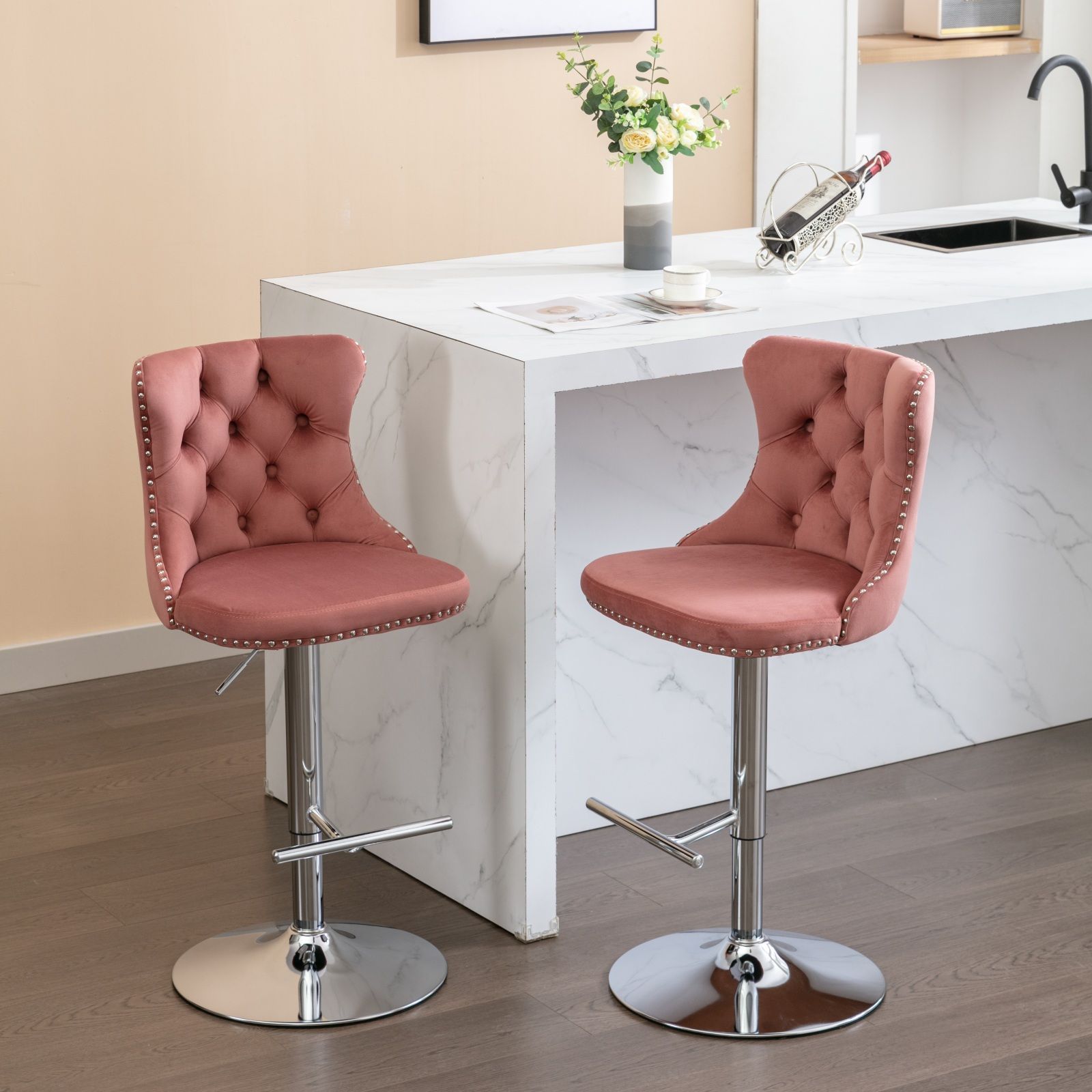 Swivel Velvet Barstools Adjusatble Seat Height From 25-33", Modern Upholstered Chrome Base Bar Stools With Backs Comfortable Tufted For Home Pub And Kitchen Island (Set of 2) - Best Buy Furniture