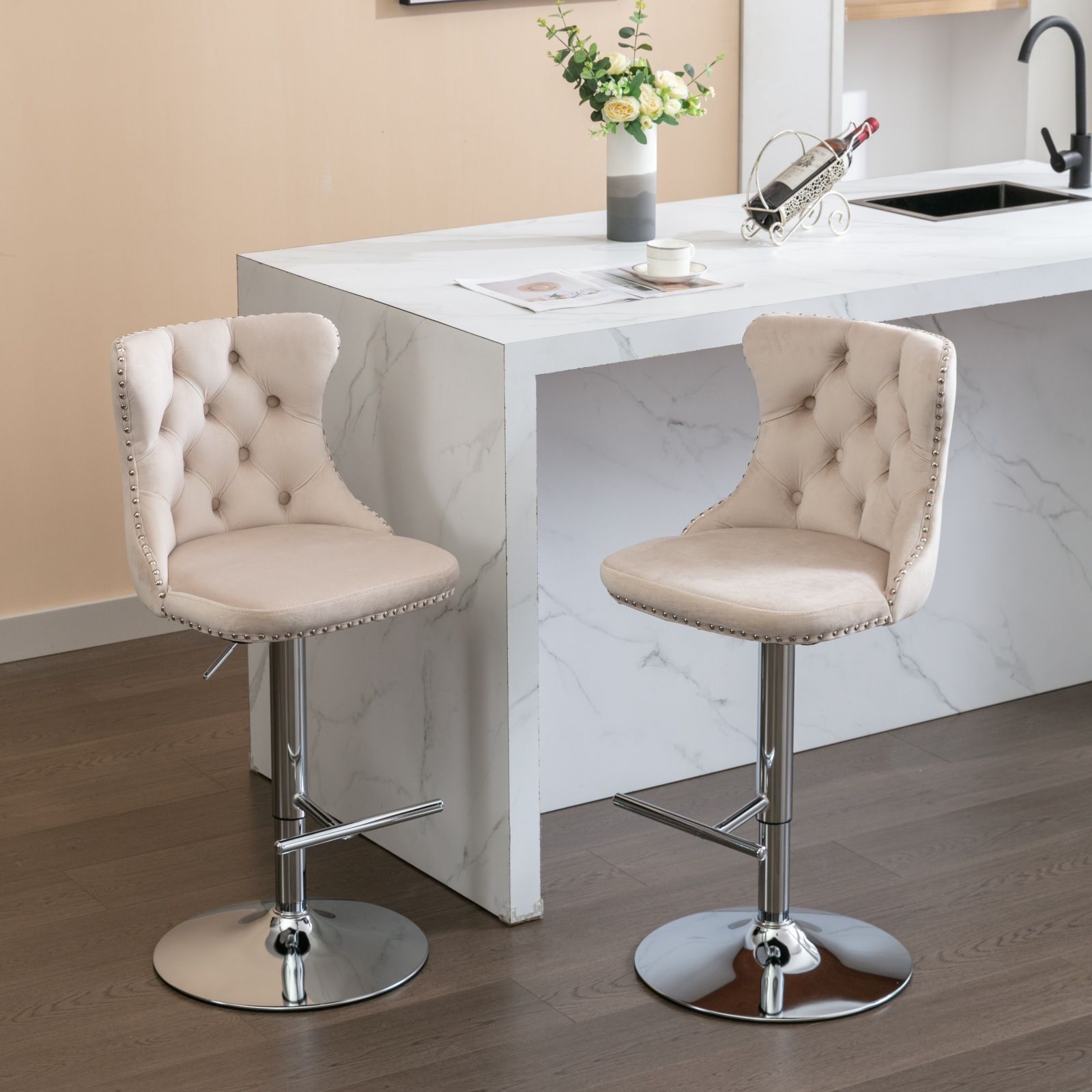 Swivel Velvet Barstools Adjusatble Seat Height From 25-33", Modern Upholstered Chrome Base Bar Stools With Backs Comfortable Tufted For Home Pub And Kitchen Island (Set of 2) - Best Buy Furniture