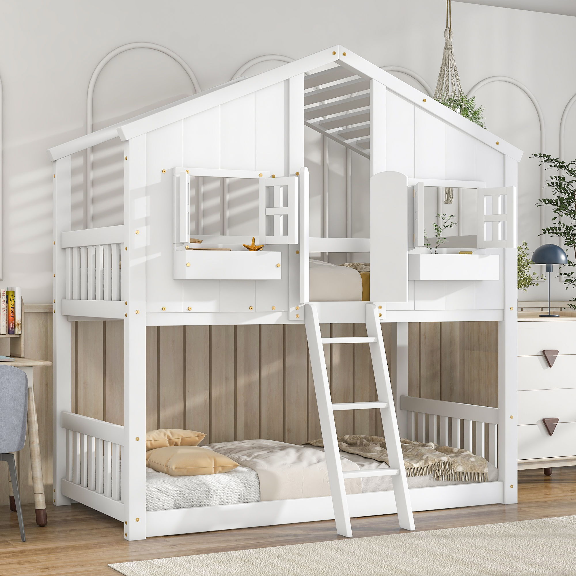 House Bunk Bed With Roof, Window, Window Box, Door, With Safety Guardrails And Ladder - Best Buy Furniture
