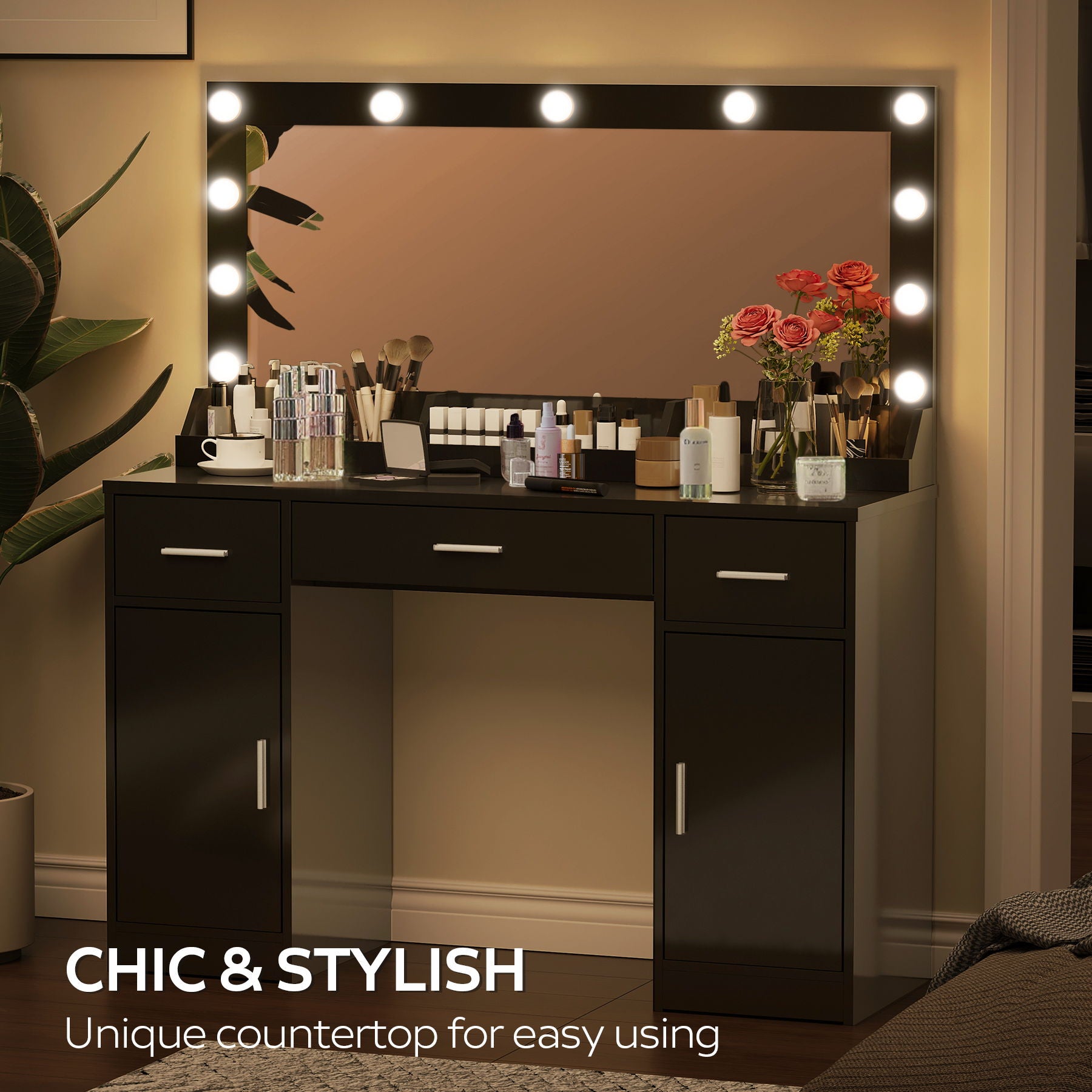 Vanity Desk With Large Mirror, 3 Colour Lighting Modes, Adjustable Brightness, Dresser With 3 Drawers & 2 Vertical Cabinets, Makeup Vanity Table For Women & Girls - Best Buy Furniture