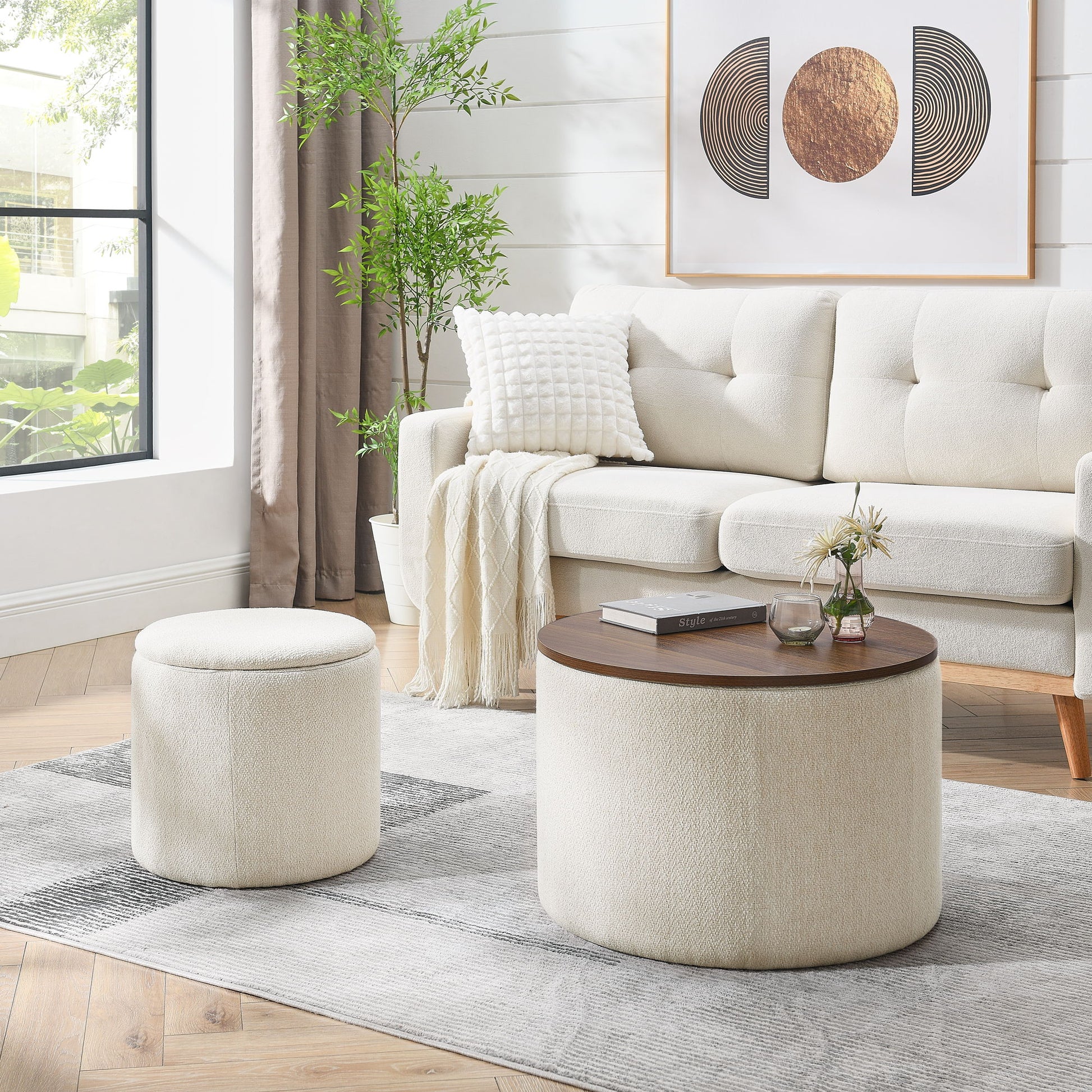 Classic 2 Piece Round Storage Ottoman Set With Drum Shaped Stool - Best Buy Furniture