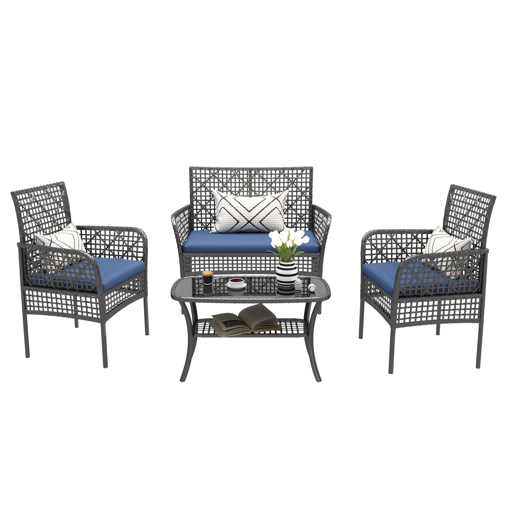 4 Pieces Rattan Wicker Chairs With Tempered Glass Table And Cushions - Best Buy Furniture
