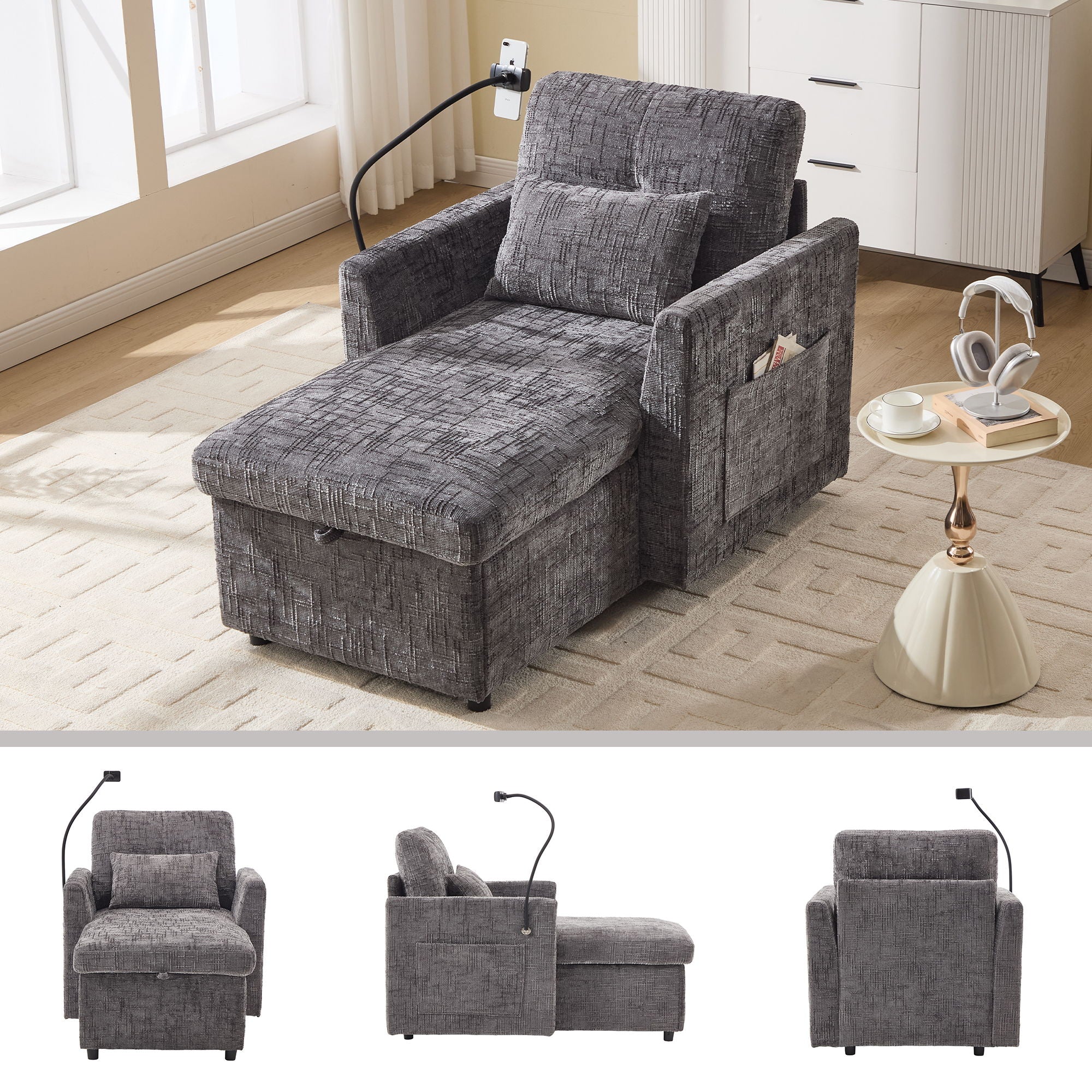 Multifunctional Chenille Recliner Sofa With Storage And Phone Bracket - Best Buy Furniture