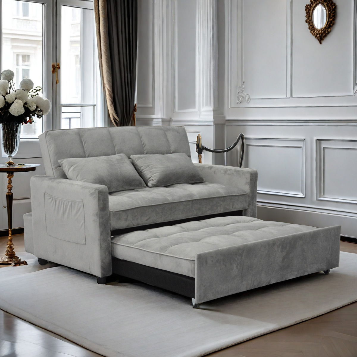 3 In 1 Convertible Sleeper Sofa Bed, Modern Velvet Fabric Futon Sofa Couch Pullout Bed, Adjustable Backrest With Three USB Ports, Two Side Pockets, Two Cup Holders And Swivel Phone Holder - Best Buy Furniture