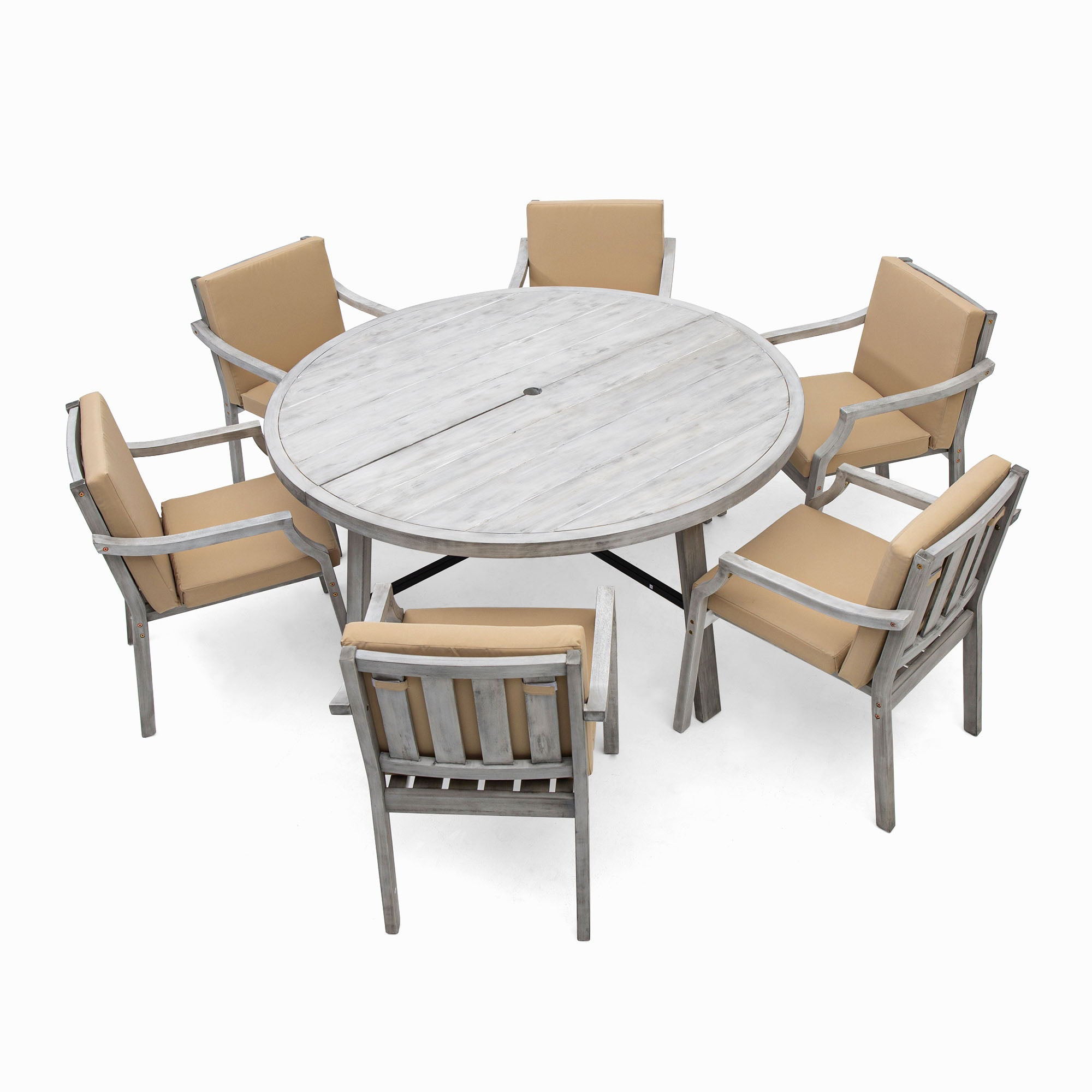 6 Person Outdoor Wooden Dining Set With Umbrella Hole And Removable Cushions For Patio - Gray - Best Buy Furniture