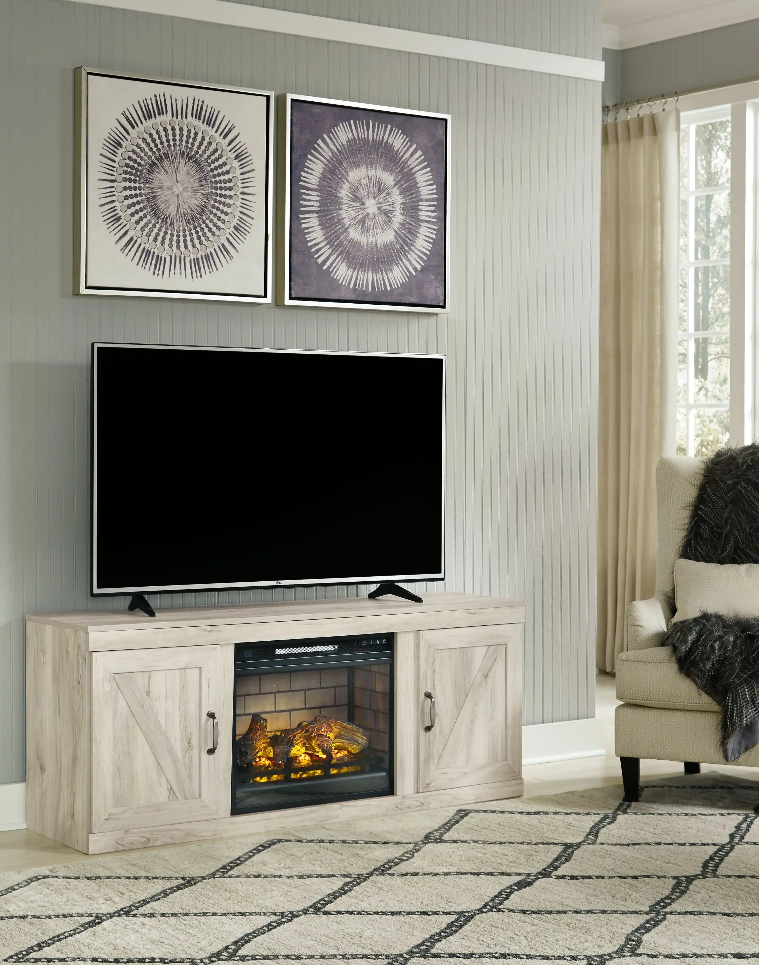 Bellaby - TV Stand With Faux Firebrick Fireplace Insert - Whitewash - Best Buy Furniture