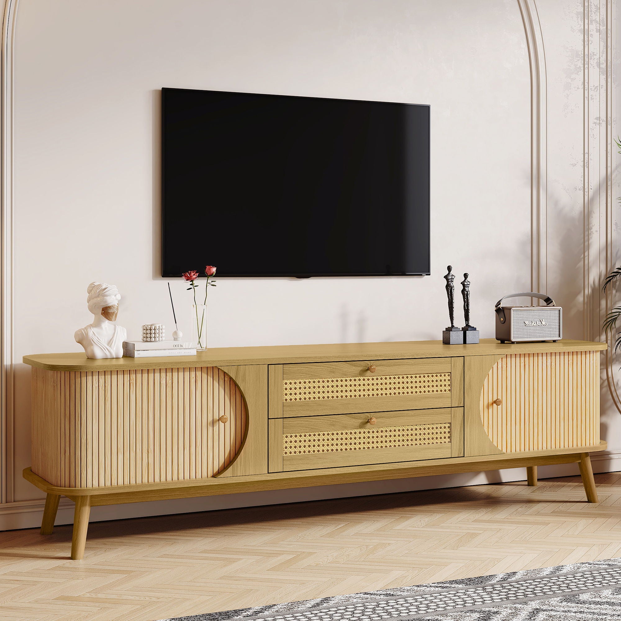Rattan TV Stand For Tvs Up To 75'', Modern Farmhouse Media Console, Entertainment Center With Legs, TV Cabinet For Living Room, Home Theatre - Natural Wood - Best Buy Furniture