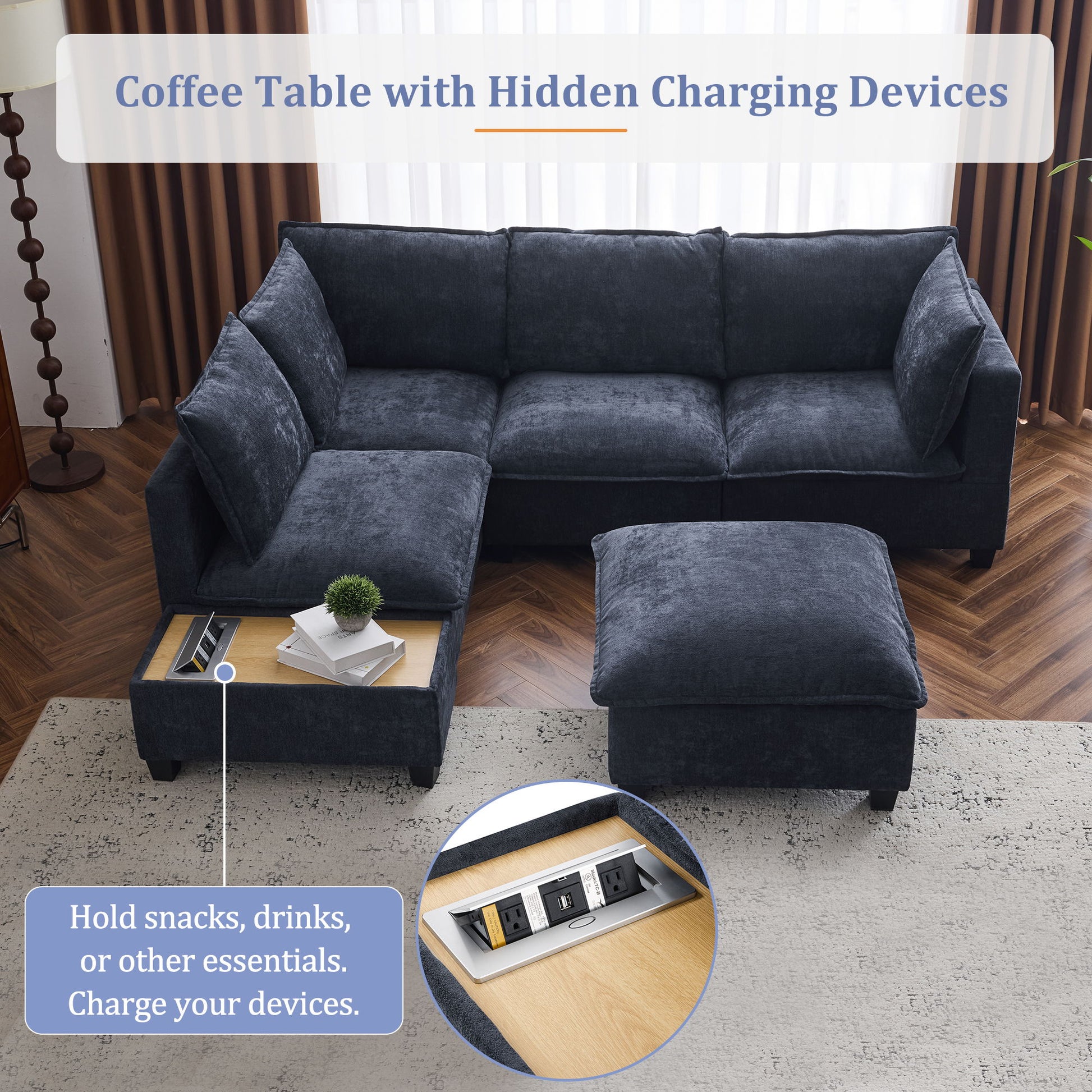 U-Shaped Sectional Modular Sofa With A Movable Ottoman, A Coffee Table With Hidden Charging Devices For Living Room - Best Buy Furniture