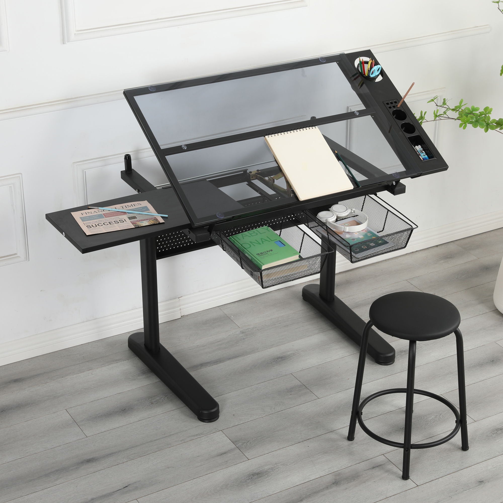 Hand Crank Adjustable Drafting Table Drawing Desk With 2 Metal Drawers With Stool - Best Buy Furniture