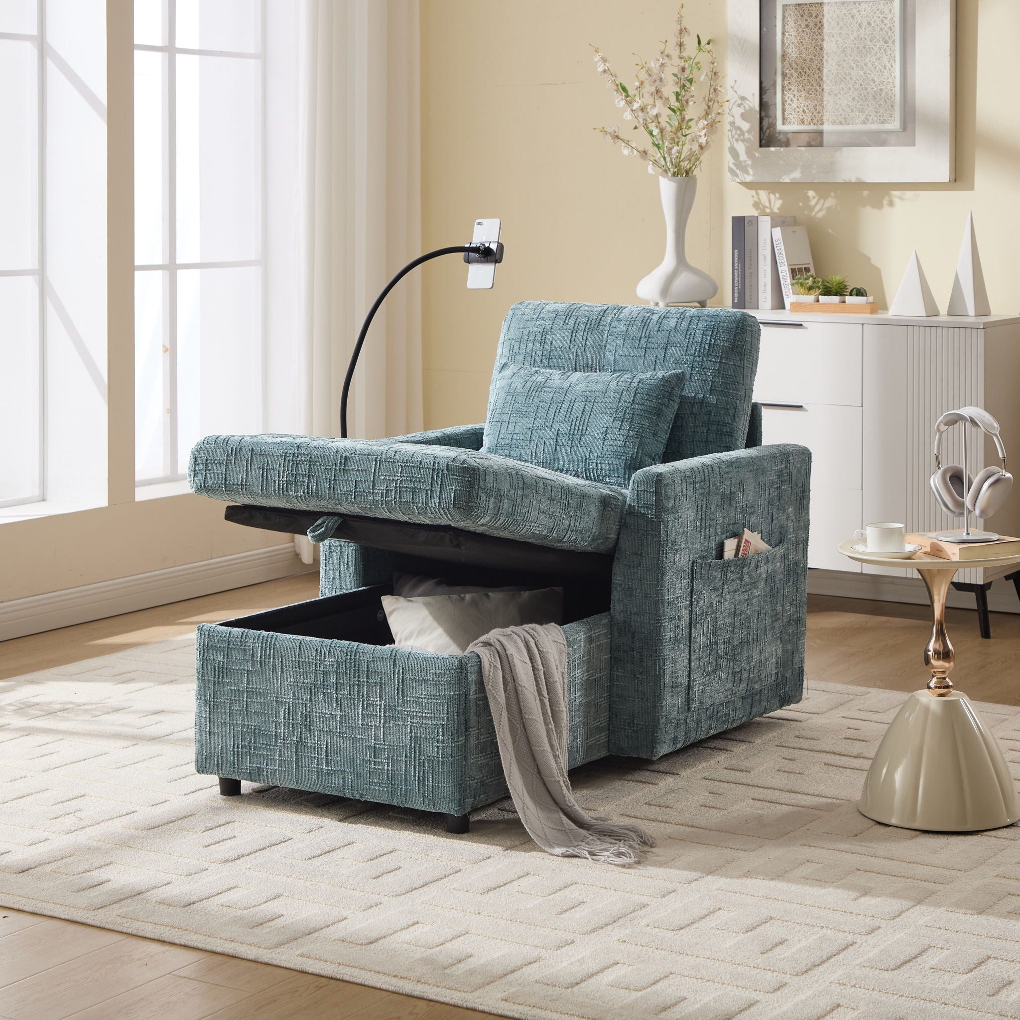 Multifunctional Chenille Recliner Sofa With Storage And Phone Bracket - Best Buy Furniture