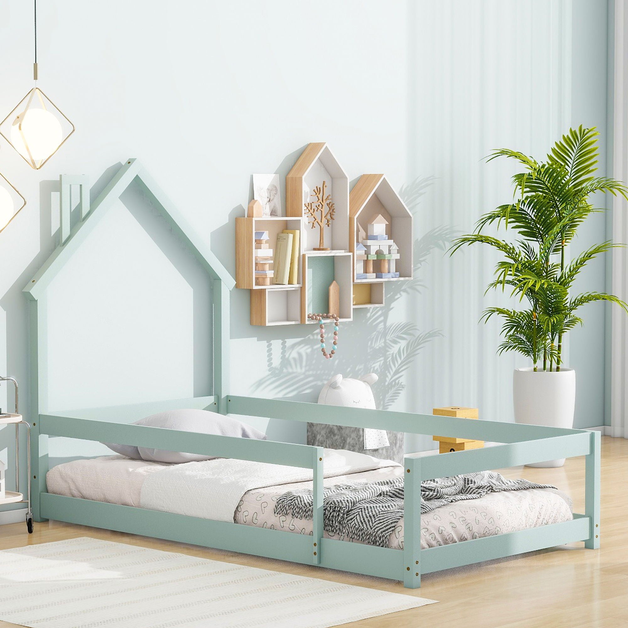 Wood Bed With House Shaped Headboard Floor Bed With Fences - Best Buy Furniture