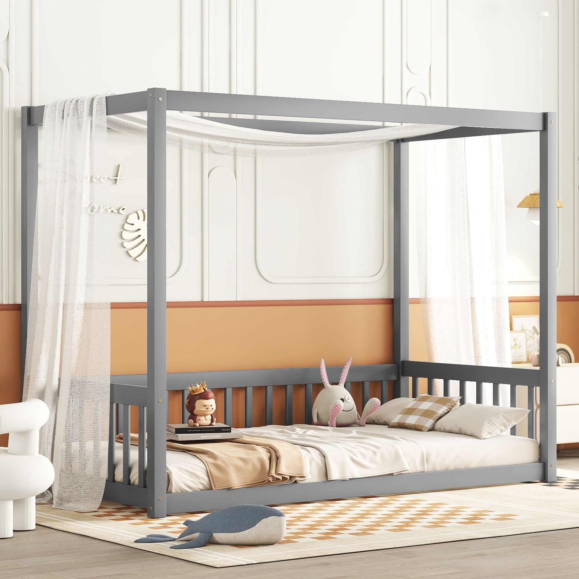 Canopy Frame Floor Bed With Fence, Guardrails - Best Buy Furniture