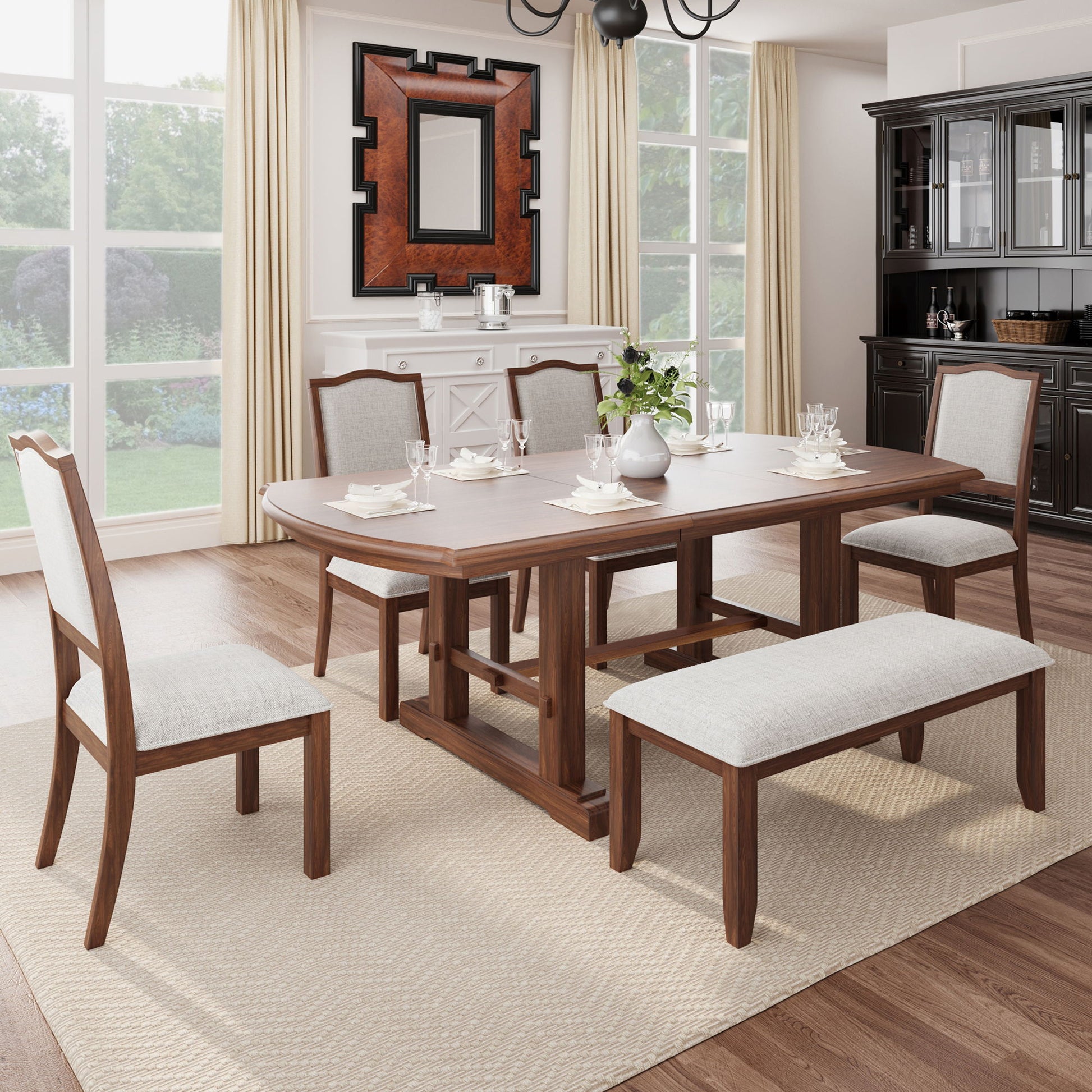 6 Piece Extendable Dining Table Set, Wood Table With Removable Leaf, 4 Upholstered Chairs And Bench - Cherry - Best Buy Furniture