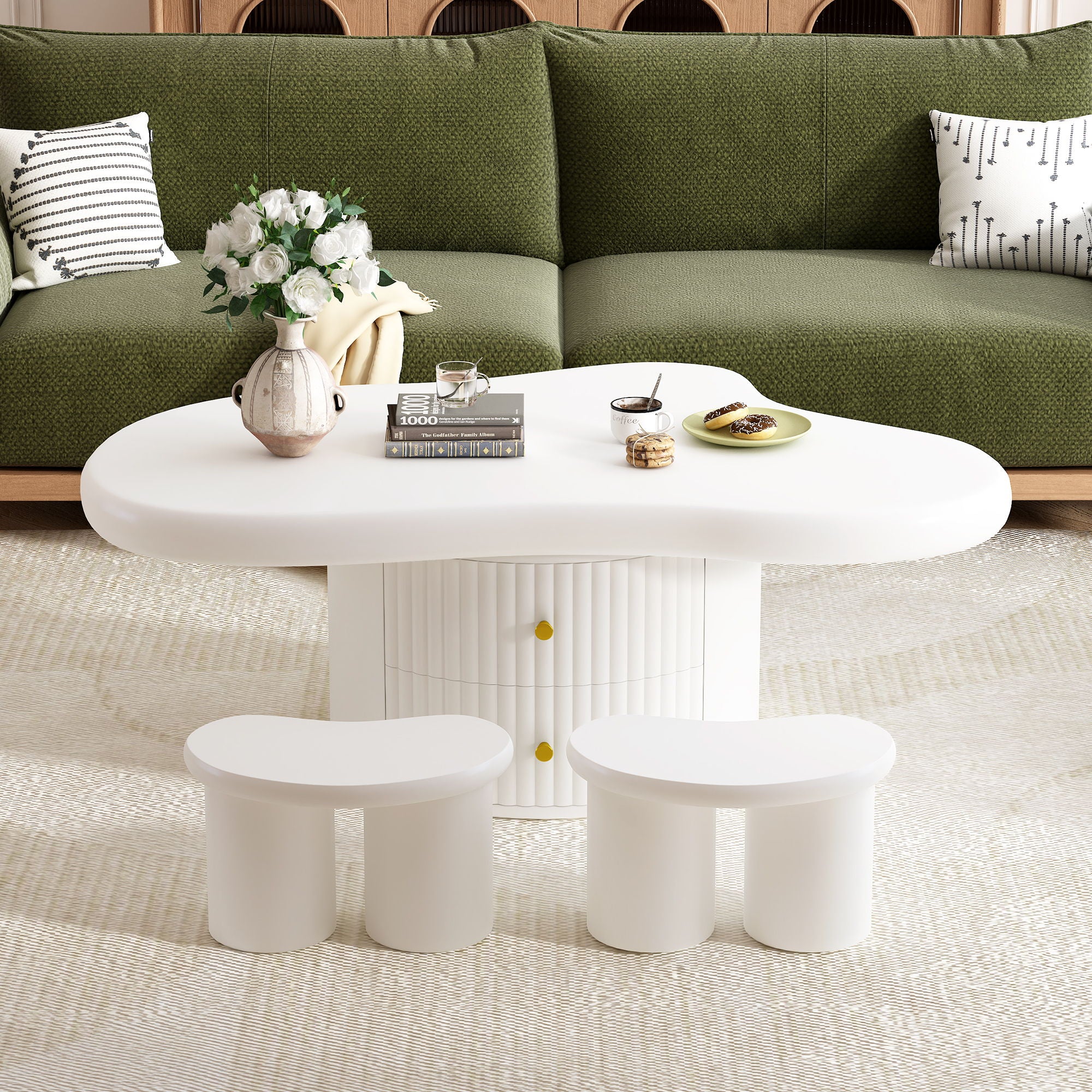Cloud - Coffee Table (Set of 3), Irregular Shape Coffee Table With 2 Drawers, 2 Small Stools For Living Room - White - Best Buy Furniture