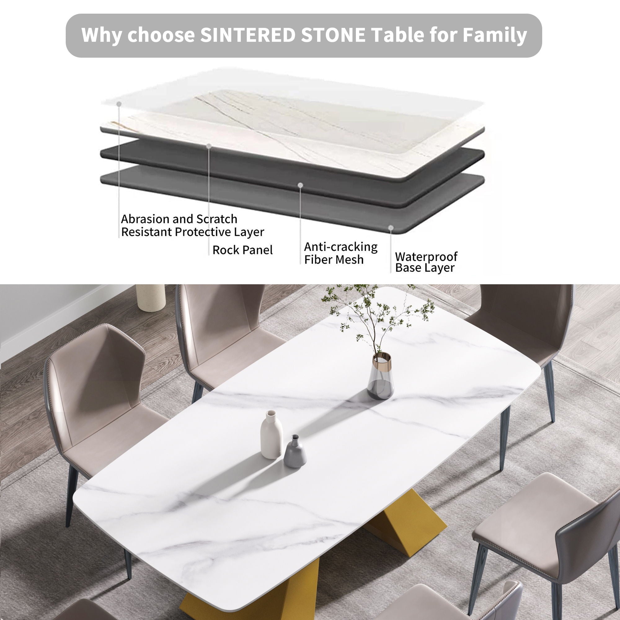 Modern Artificial Stone Curved Metal Leg Dining Table, Can Accommodate 6-8 People - White / Gold - Best Buy Furniture