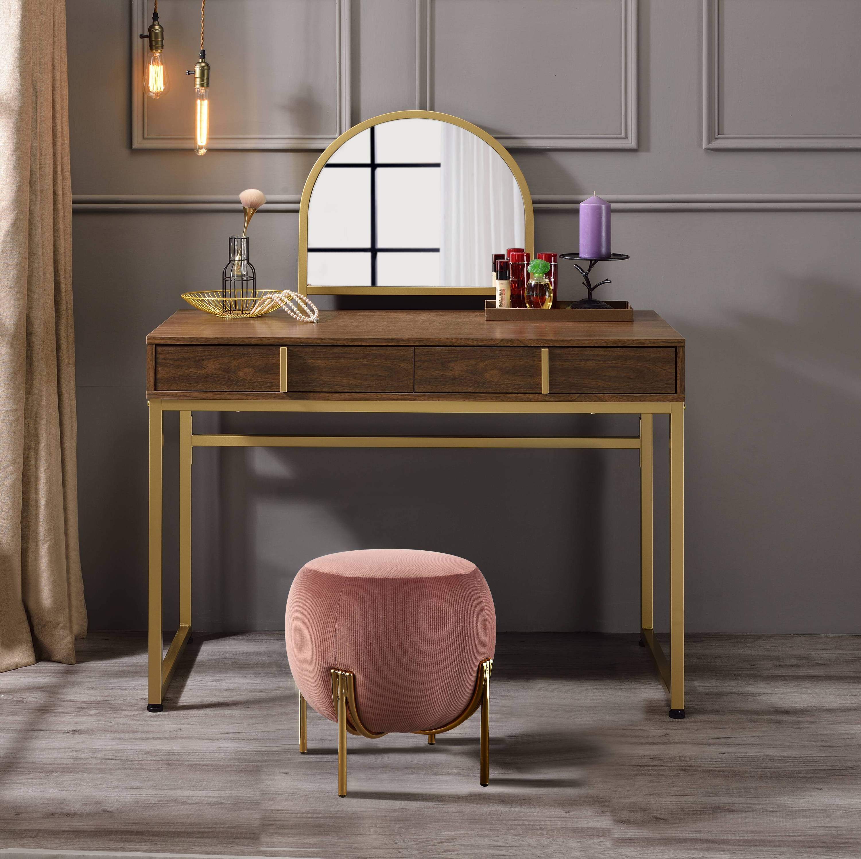 Coleen Walnut & Gold Finish Vanity Desk W/Mirror & Jewelry Tray - Best Buy Furniture