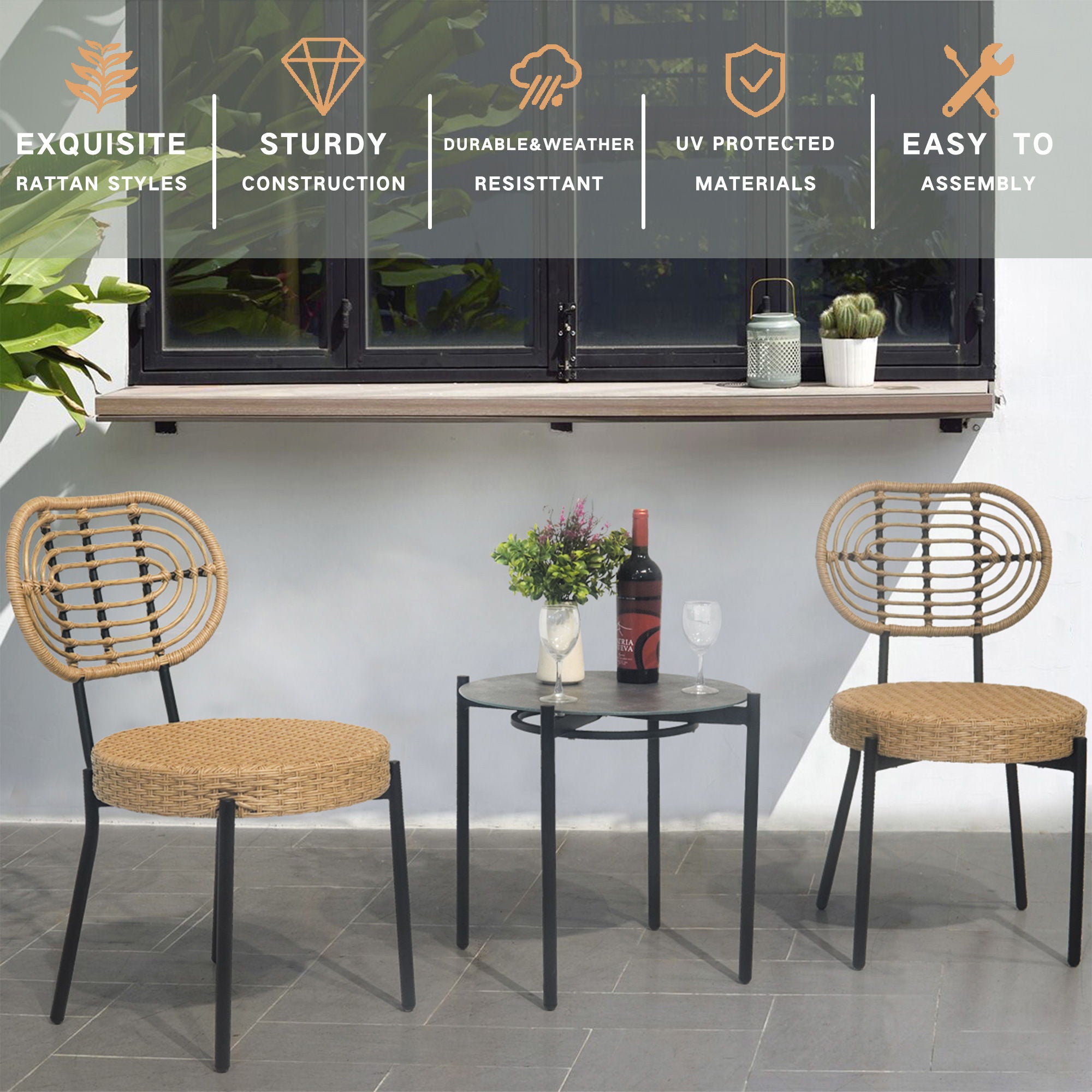 3 Pieces Of Luxury Outdoor Wicker Furniture Patio Bistro Style Table And Chair Combination, Weather Resistant PE Wicker Weave, Suitable For Garden - Black / Natural - Best Buy Furniture