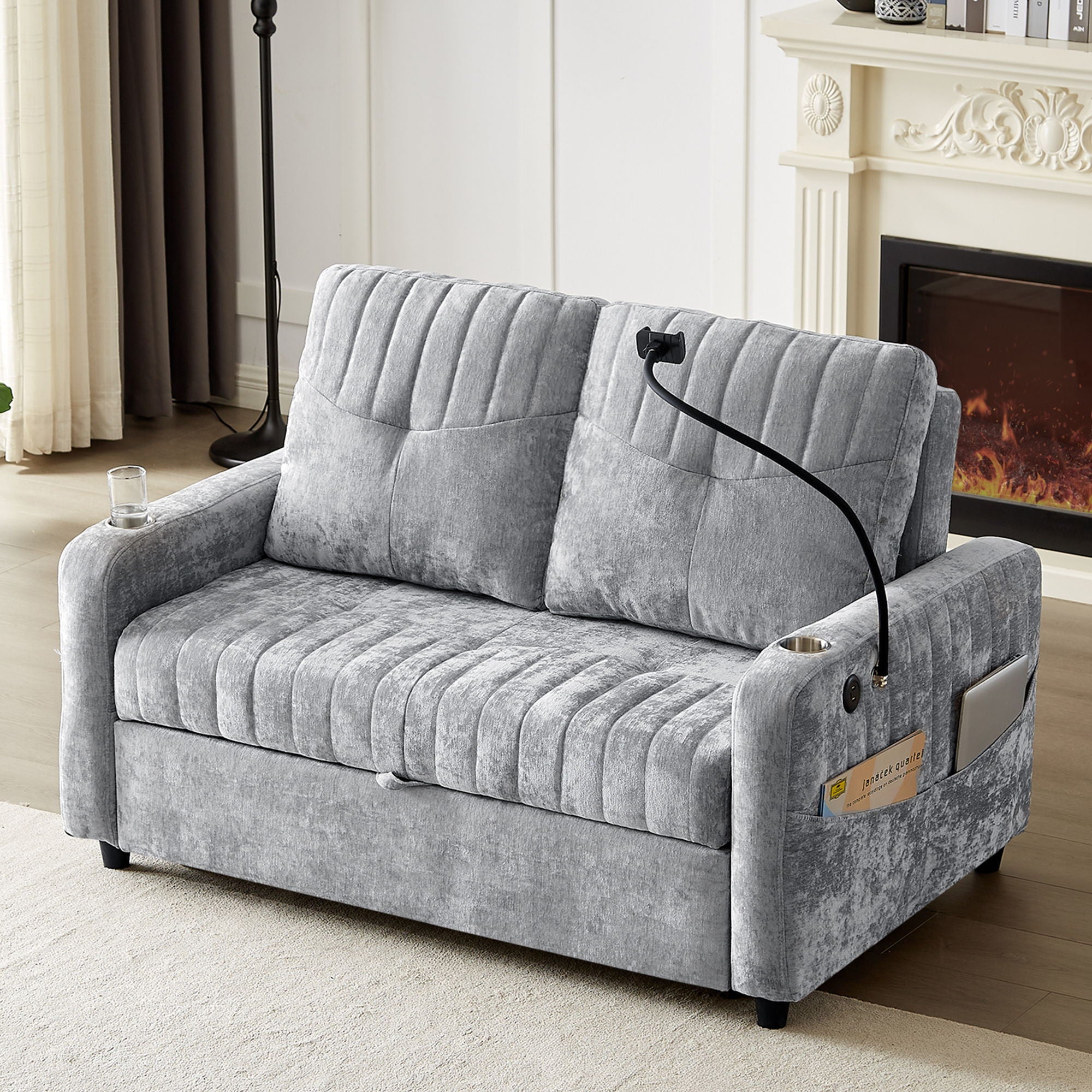Modern Loveseat Pull Out Sofa Bed With Adjustable Backrest, Two Cup Holders, A Phone Holder, Three Charging Ports And Side Storage Pockets For Living Room - Best Buy Furniture