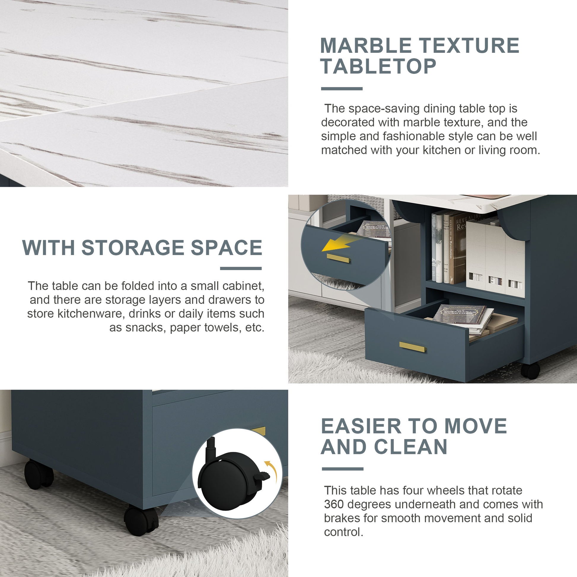 Versatile Wood Folding Dining Table With Wheels, Storage Rack & Drawer, Space Saving Design - White - Best Buy Furniture