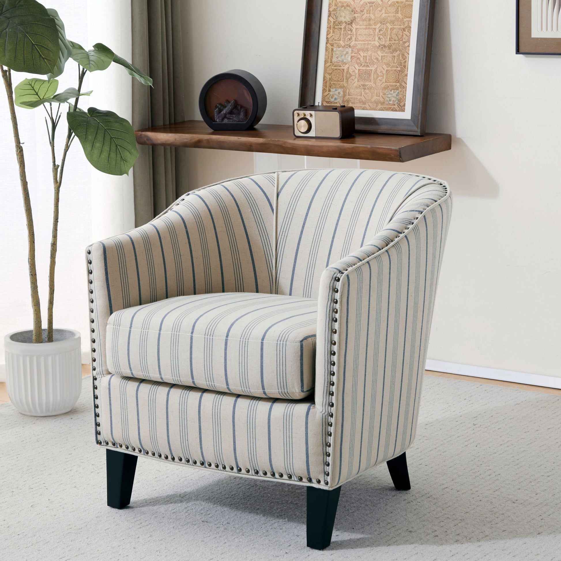 Transitional Upholstered Stripe Barrel Chair With Birch Wood Legs And Plush Cushioned Seat - Beige / Blue Stripe - Best Buy Furniture