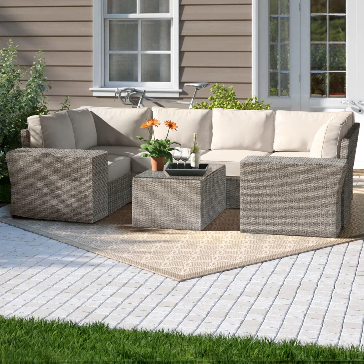 Outdoor Wicker Sectional With Weather Resistant Cushions And Table - Best Buy Furniture